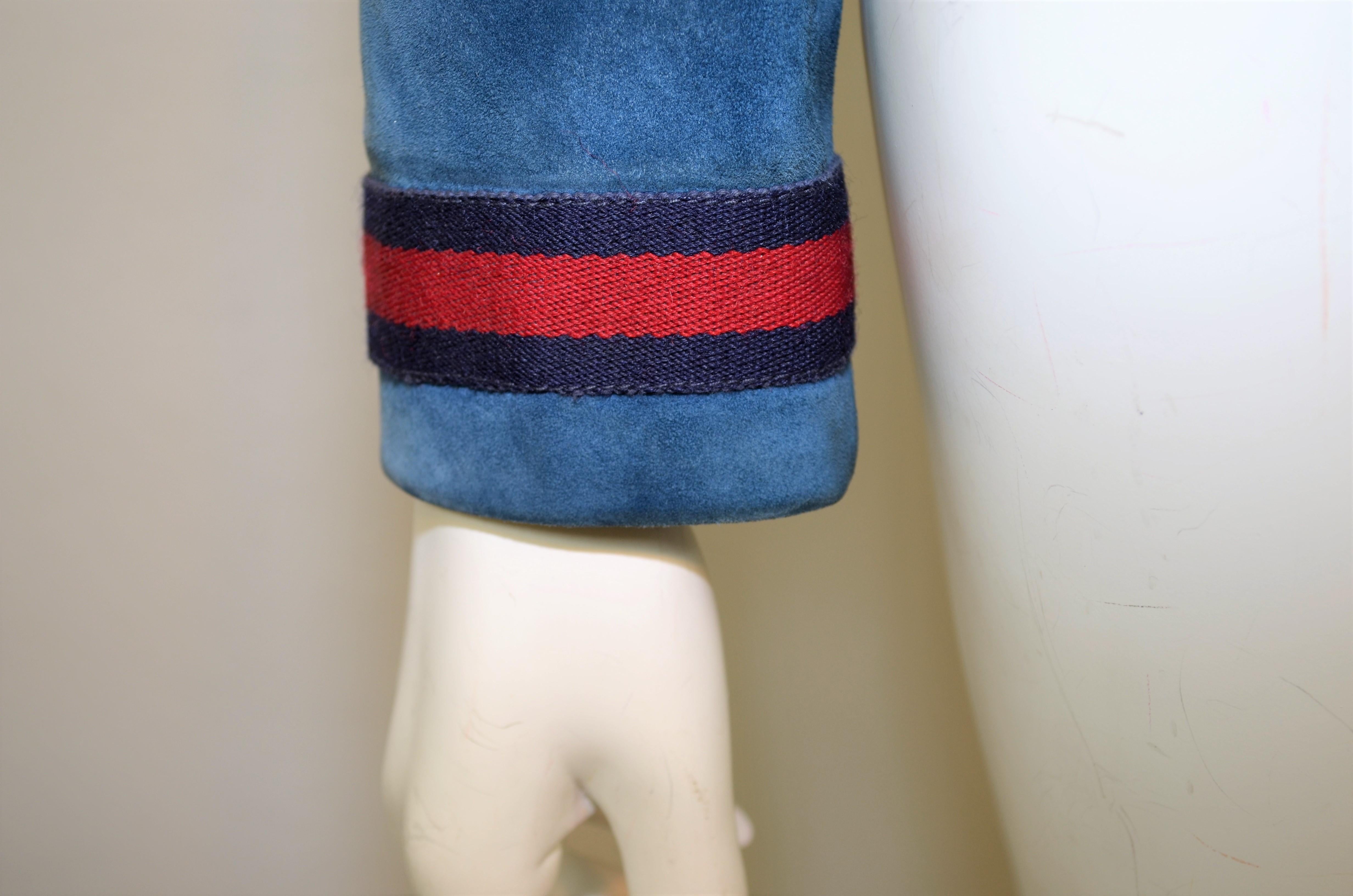 Gucci Vintage Blue Suede Jacket with Red, Navy Web Trim 2