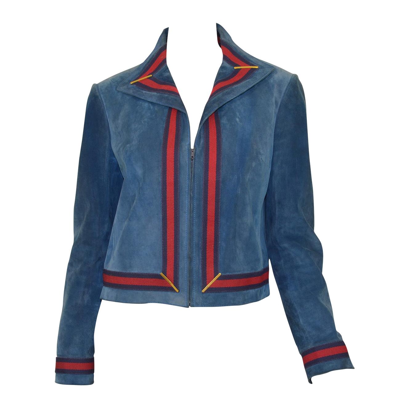 Gucci Vintage Blue Suede Jacket with Red, Navy Web Trim