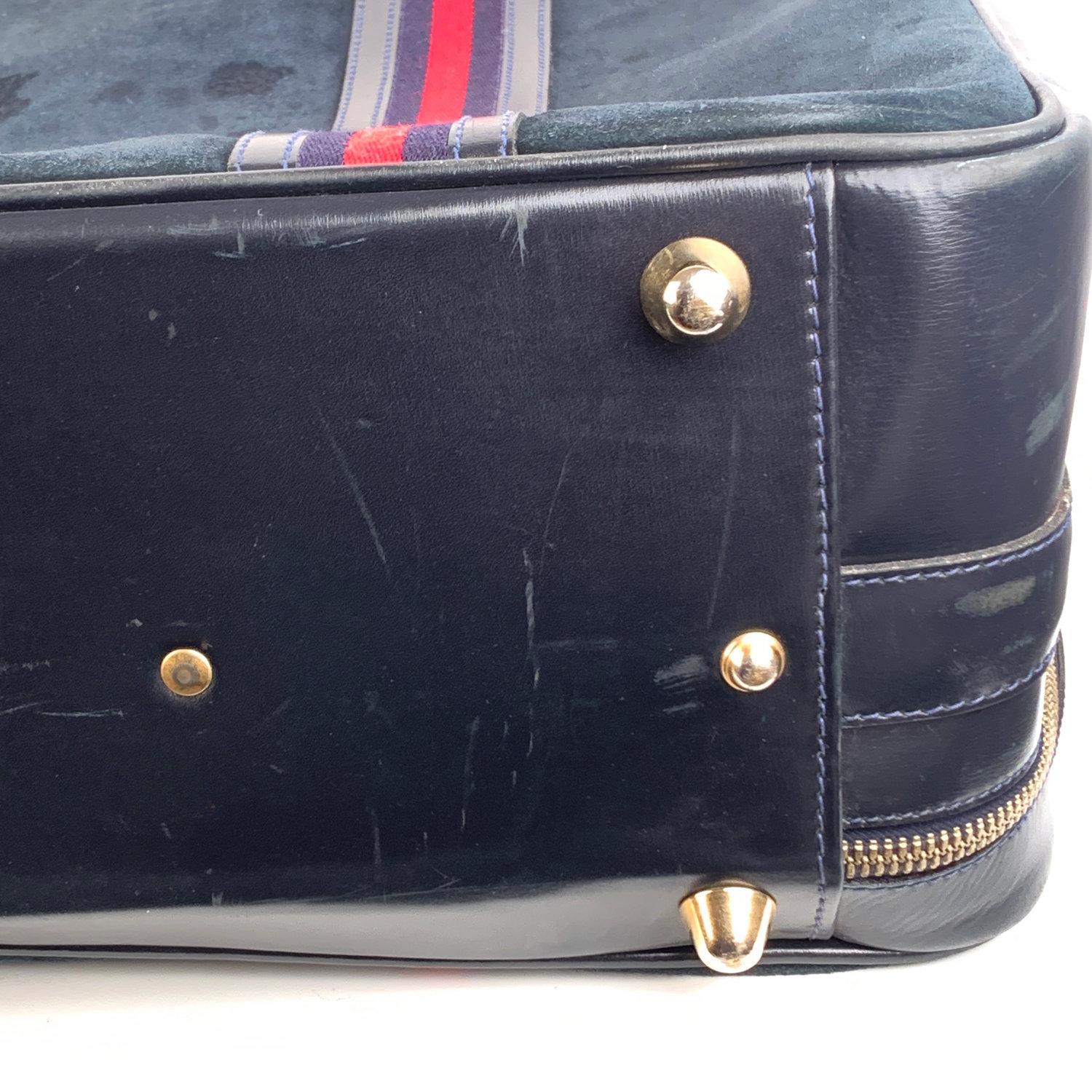 Women's or Men's Gucci Vintage Blue Suede Large Suitcase Travel Bag Stripes