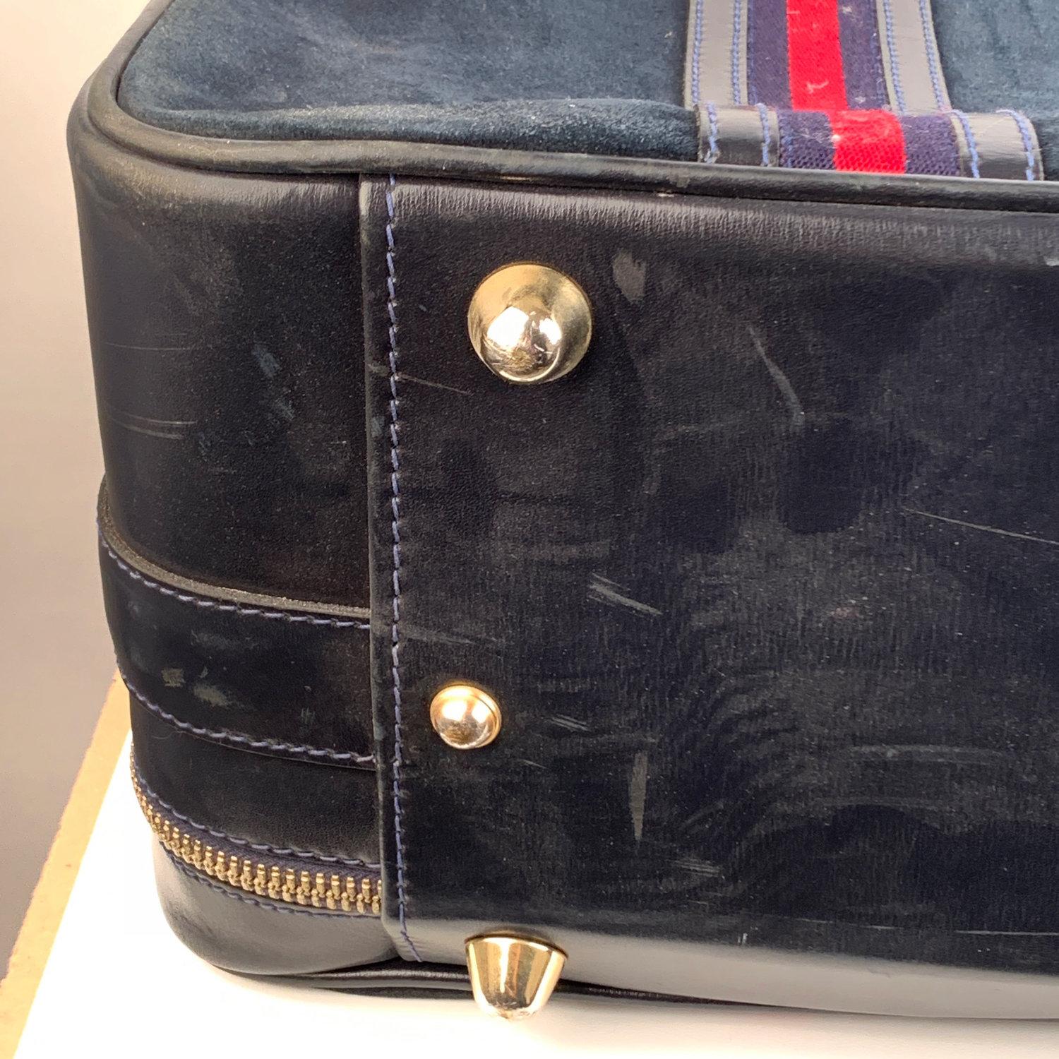 Gucci Vintage Blue Suede Large Suitcase Travel Bag Stripes 1