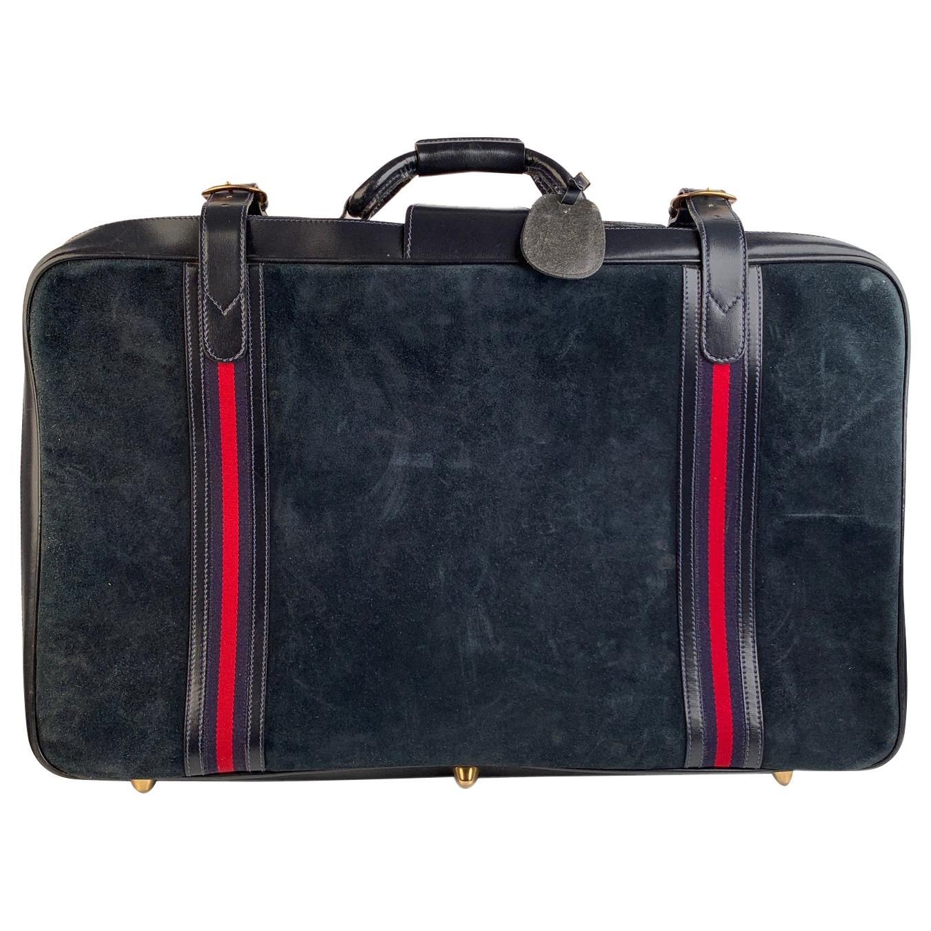 Gucci Vintage Blue Suede Large Suitcase Travel Bag Stripes