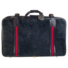 Gucci Vintage Blue Suede Large Suitcase Travel Bag Stripes