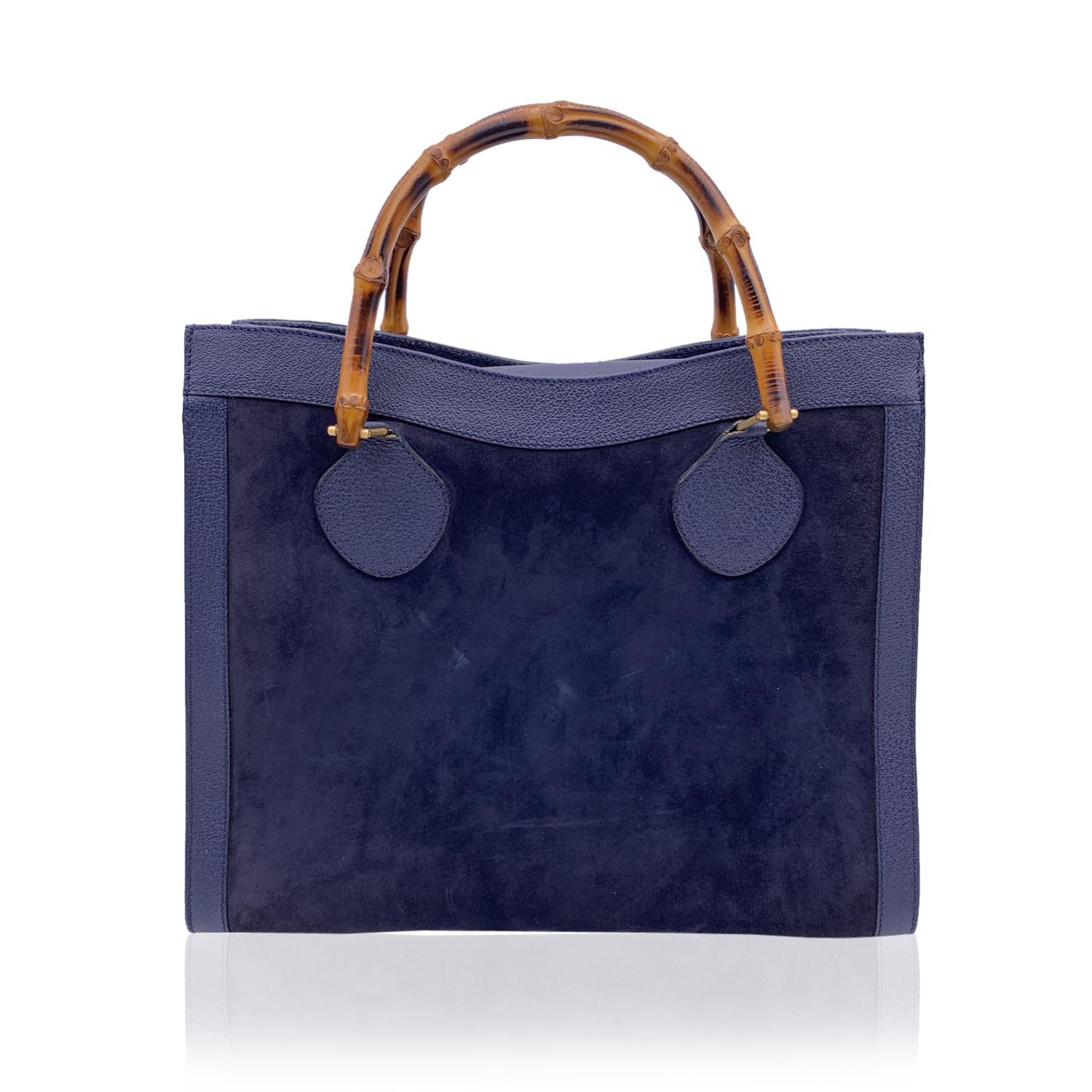 Gucci Vintage Blue Suede Leather Princess Diana Bamboo Tote Bag For ...
