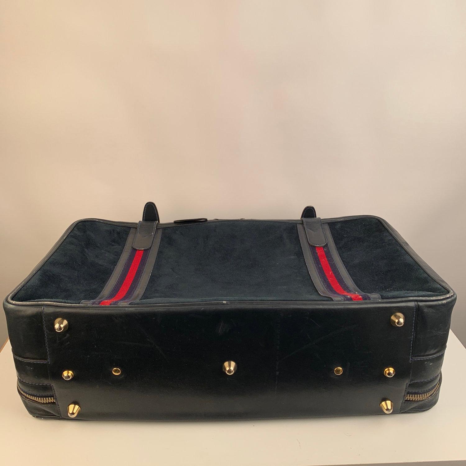 Gucci Vintage Blue Suede Medium Suitcase Travel Bag Stripes 5