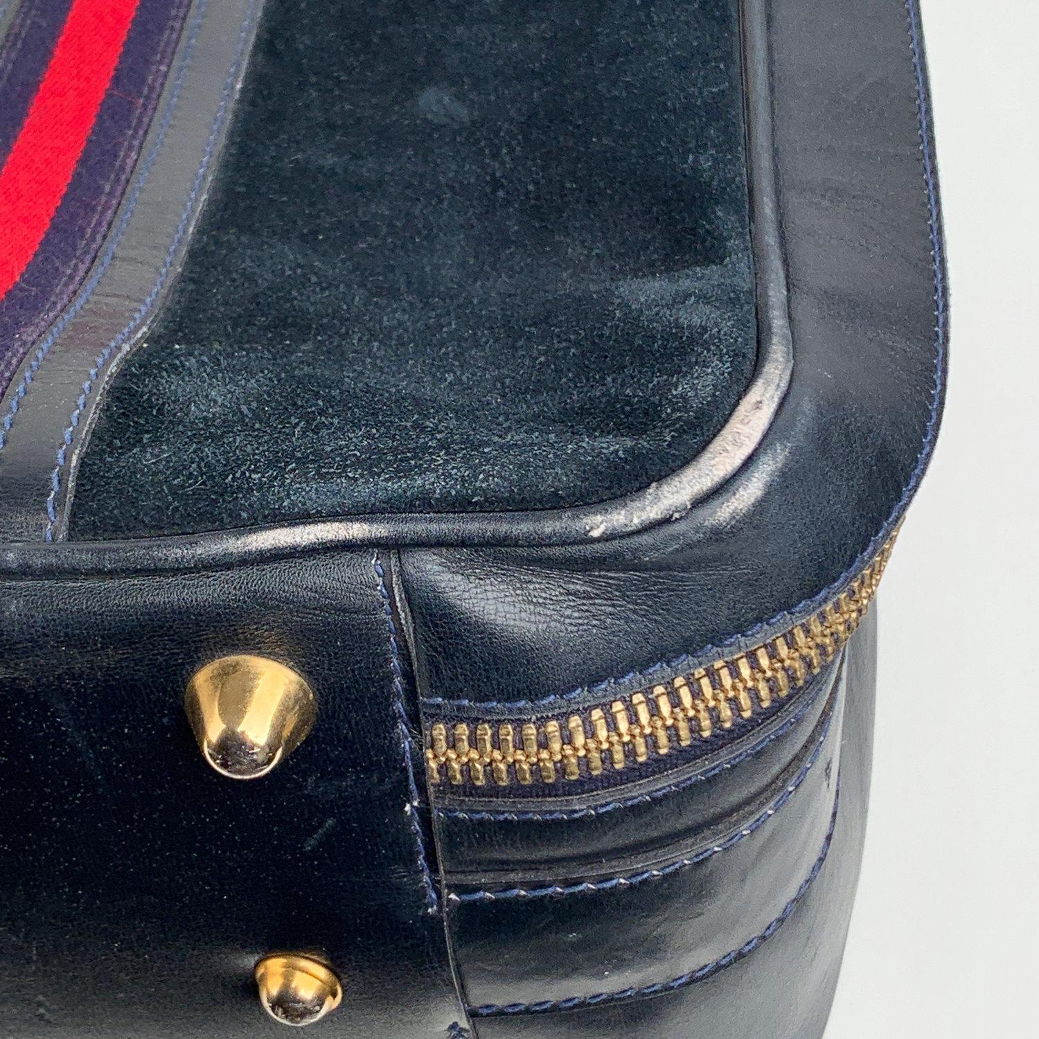 Gucci Vintage Blue Suede Medium Suitcase Travel Bag Stripes 6