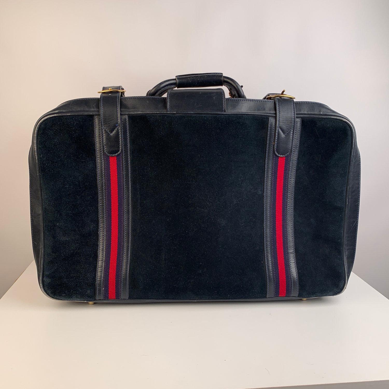 Black Gucci Vintage Blue Suede Medium Suitcase Travel Bag Stripes
