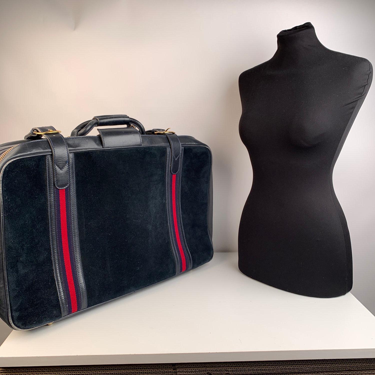 Gucci Vintage Blue Suede Medium Suitcase Travel Bag Stripes In Good Condition In Rome, Rome