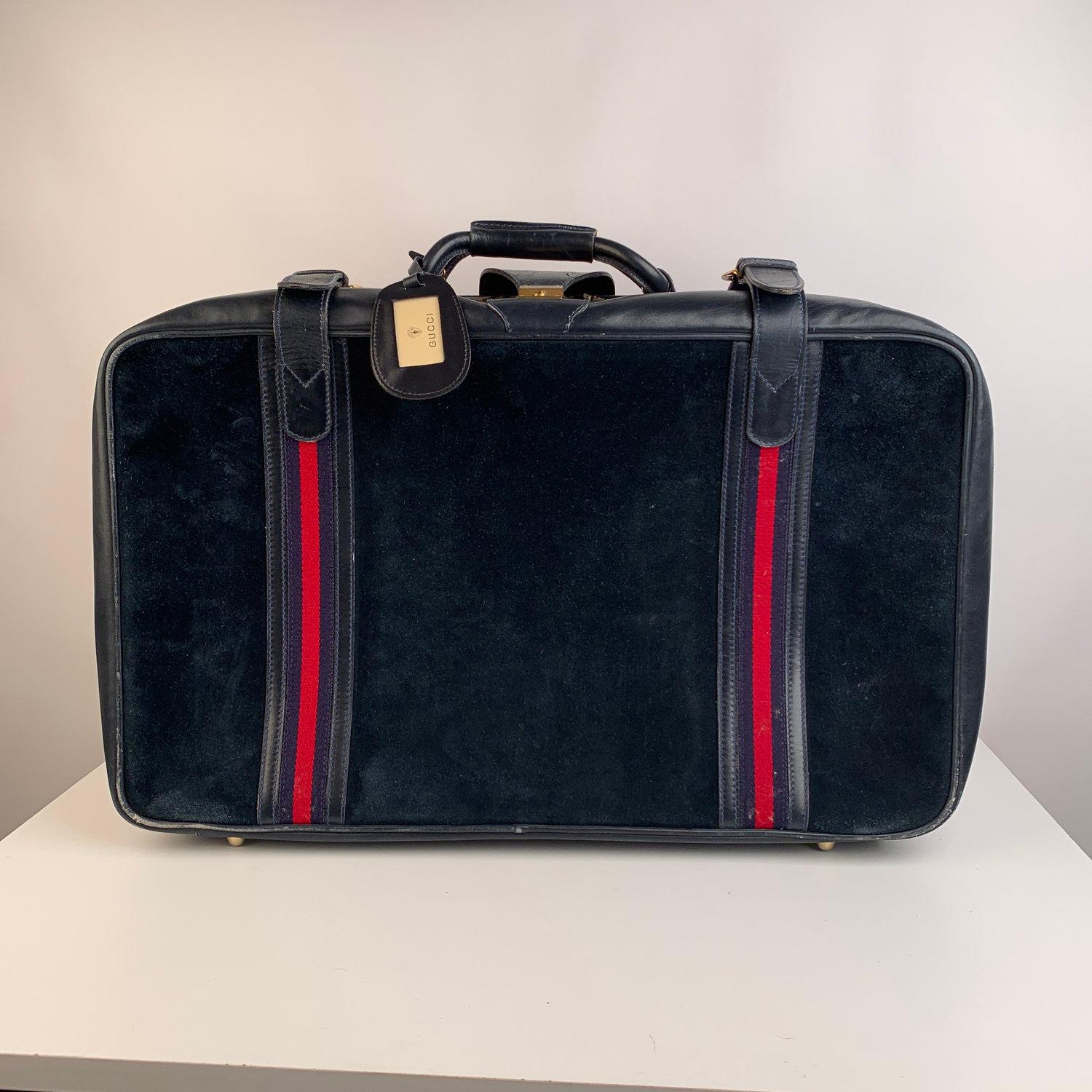 Women's or Men's Gucci Vintage Blue Suede Medium Suitcase Travel Bag Stripes
