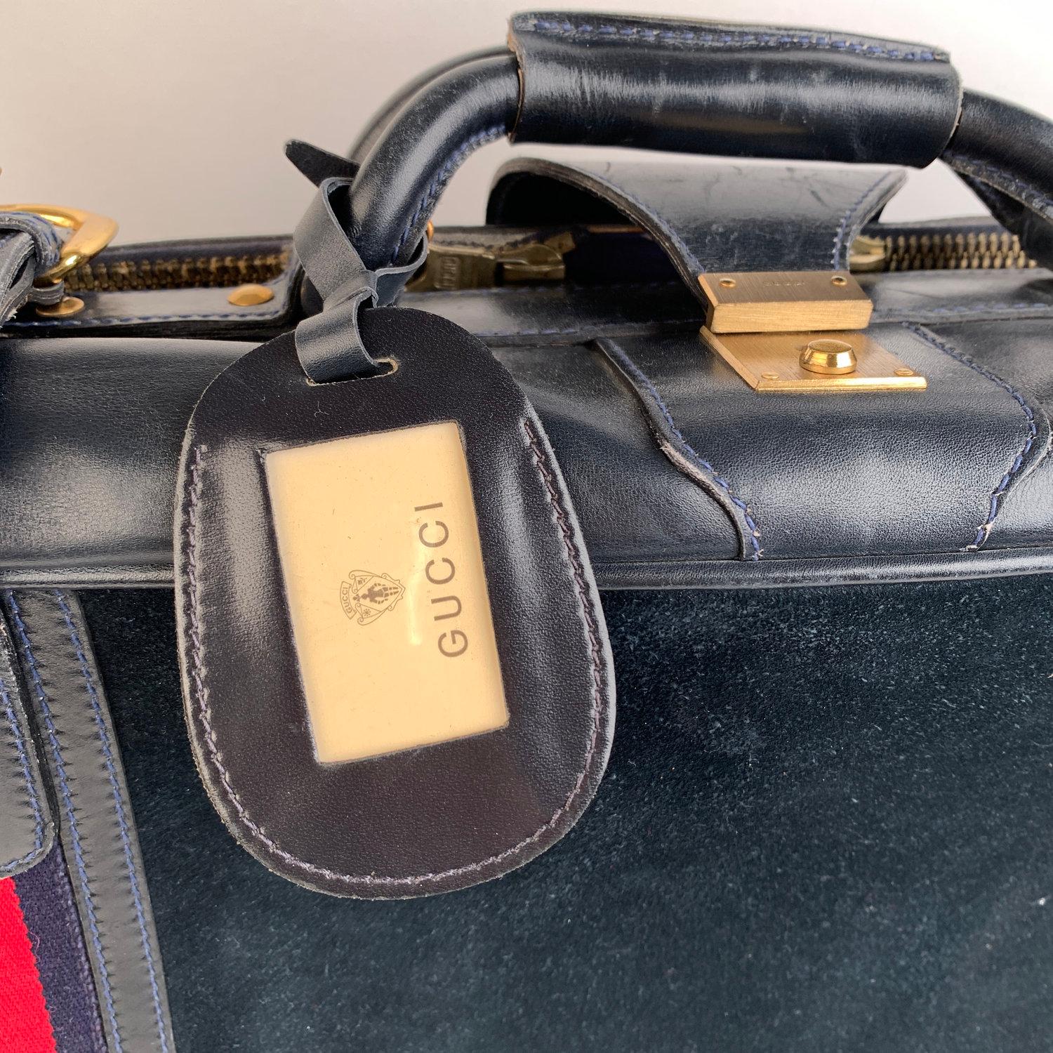 Gucci Vintage Blue Suede Medium Suitcase Travel Bag Stripes 1