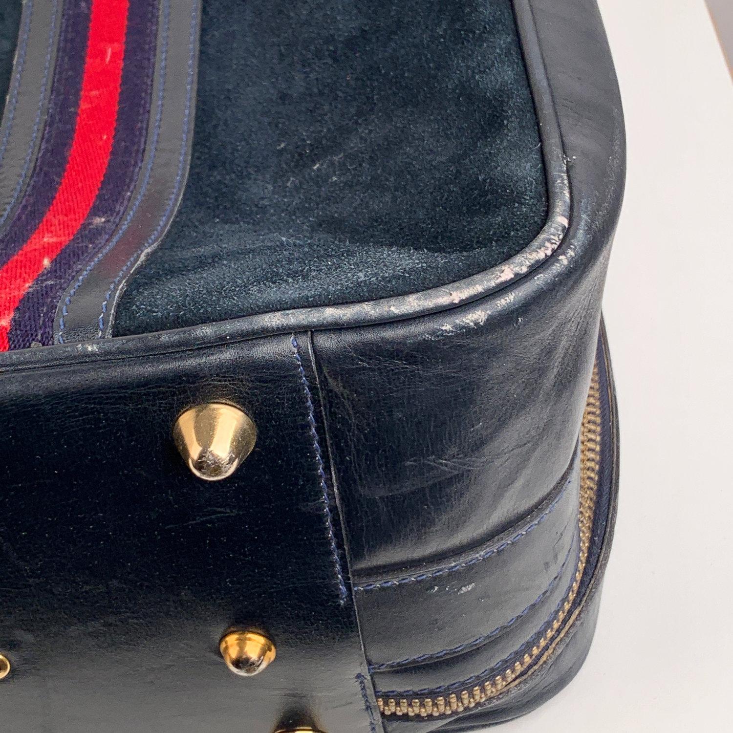 Gucci Vintage Blue Suede Medium Suitcase Travel Bag Stripes 3