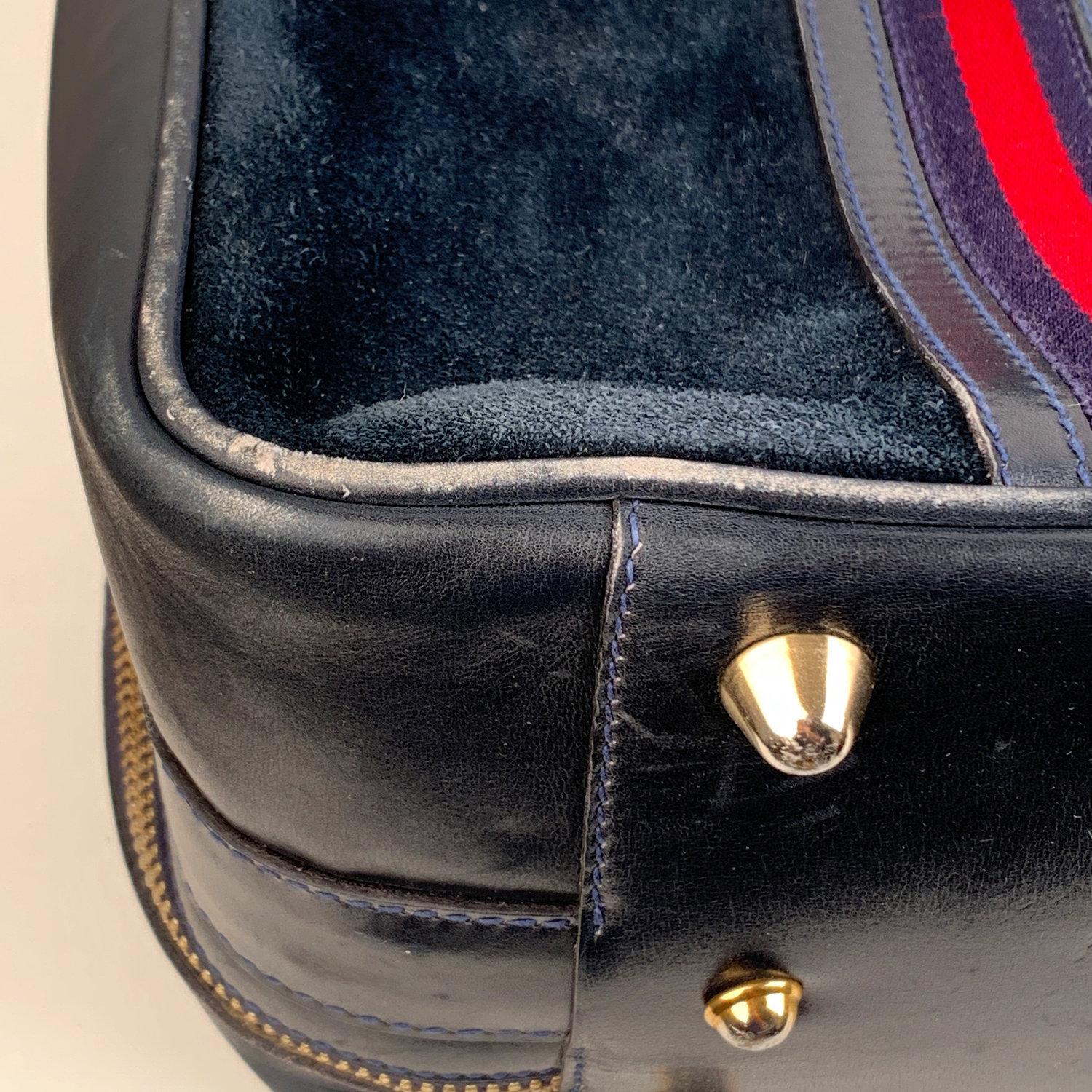 Gucci Vintage Blue Suede Medium Suitcase Travel Bag Stripes 4