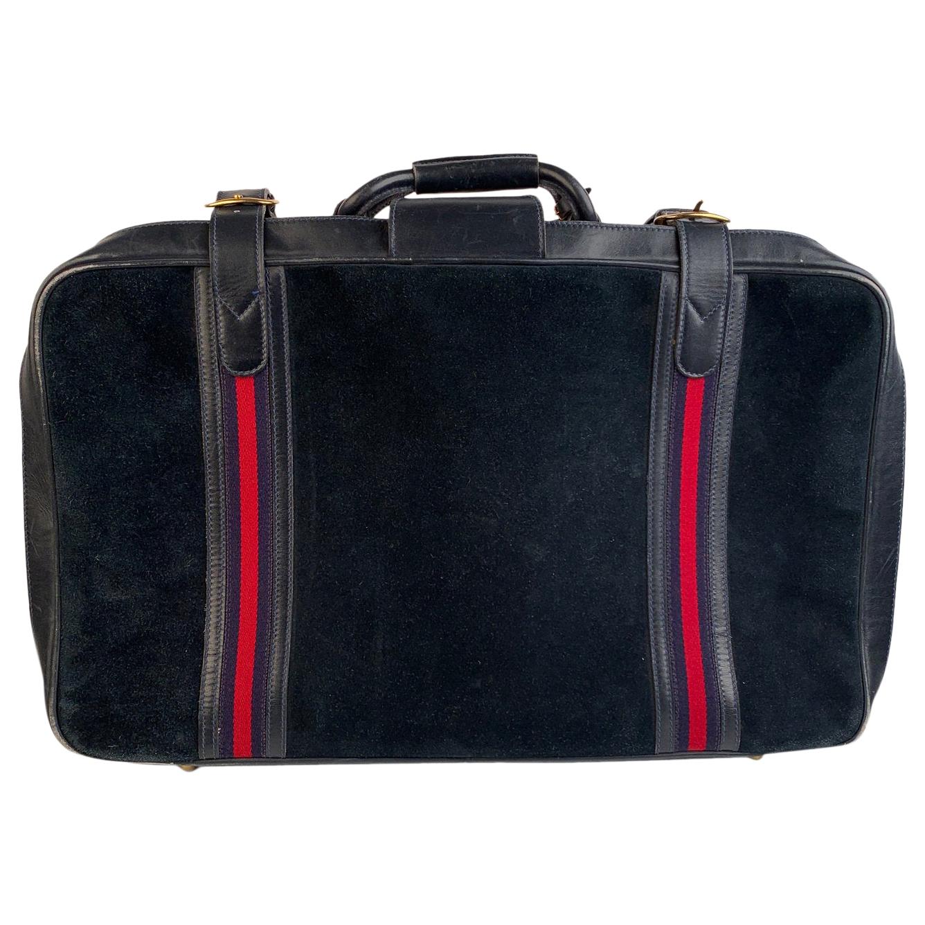 Gucci Vintage Blue Suede Medium Suitcase Travel Bag Stripes