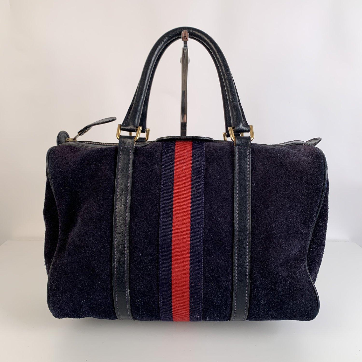 Black Gucci Vintage Blue Suede Top Handles Boston Bag with Stripes