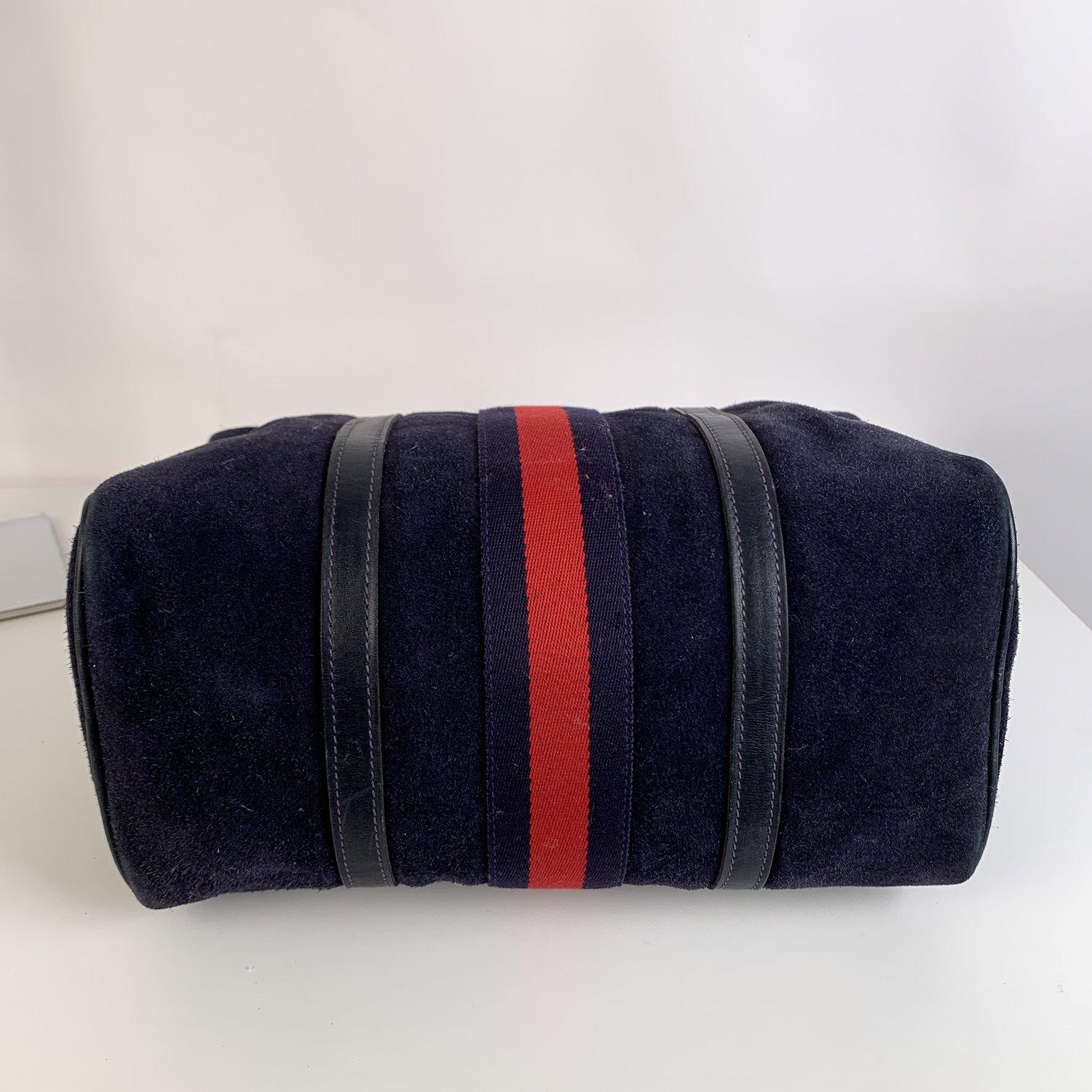 Gucci Vintage Blue Suede Top Handles Boston Bag with Stripes In Excellent Condition In Rome, Rome