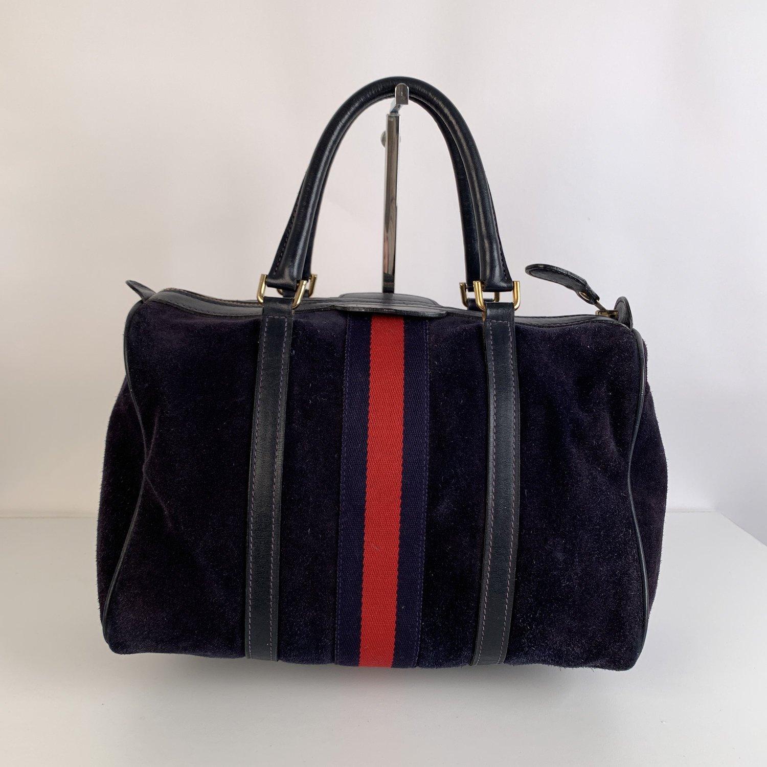 Women's Gucci Vintage Blue Suede Top Handles Boston Bag with Stripes