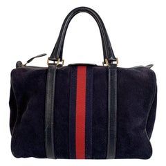 Gucci Used Blue Suede Top Handles Boston Bag with Stripes