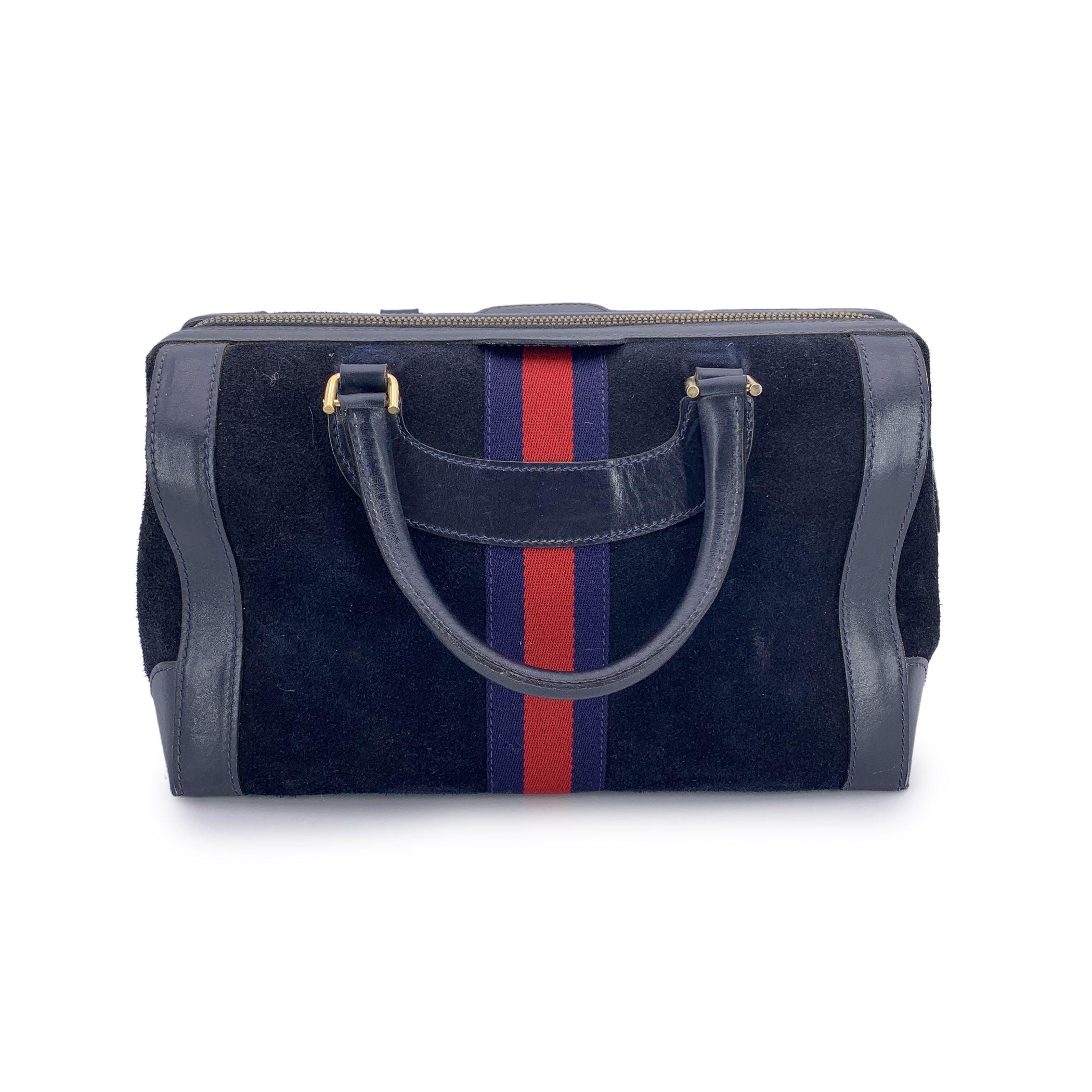 Black Gucci Vintage Blue Suede Web Stripes Boston Bag Handbag For Sale