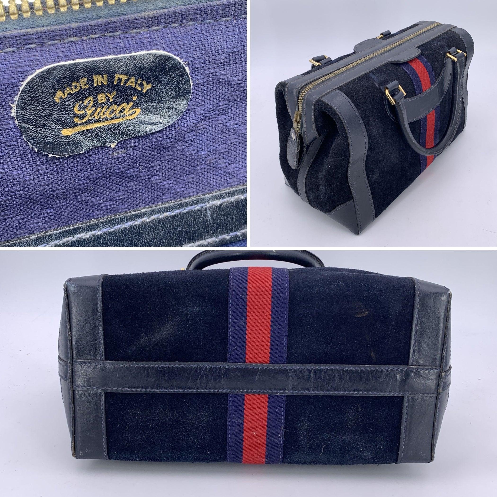 Women's Gucci Vintage Blue Suede Web Stripes Boston Bag Handbag For Sale