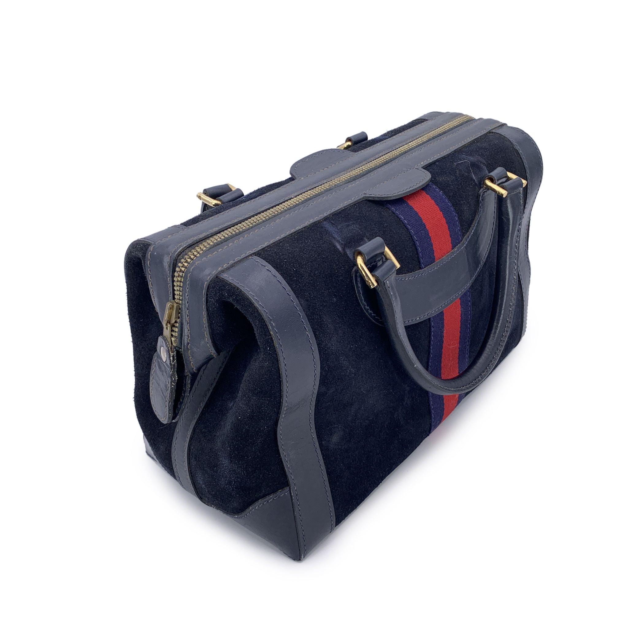 Gucci Vintage Blue Suede Web Stripes Boston Bag Handbag For Sale 2