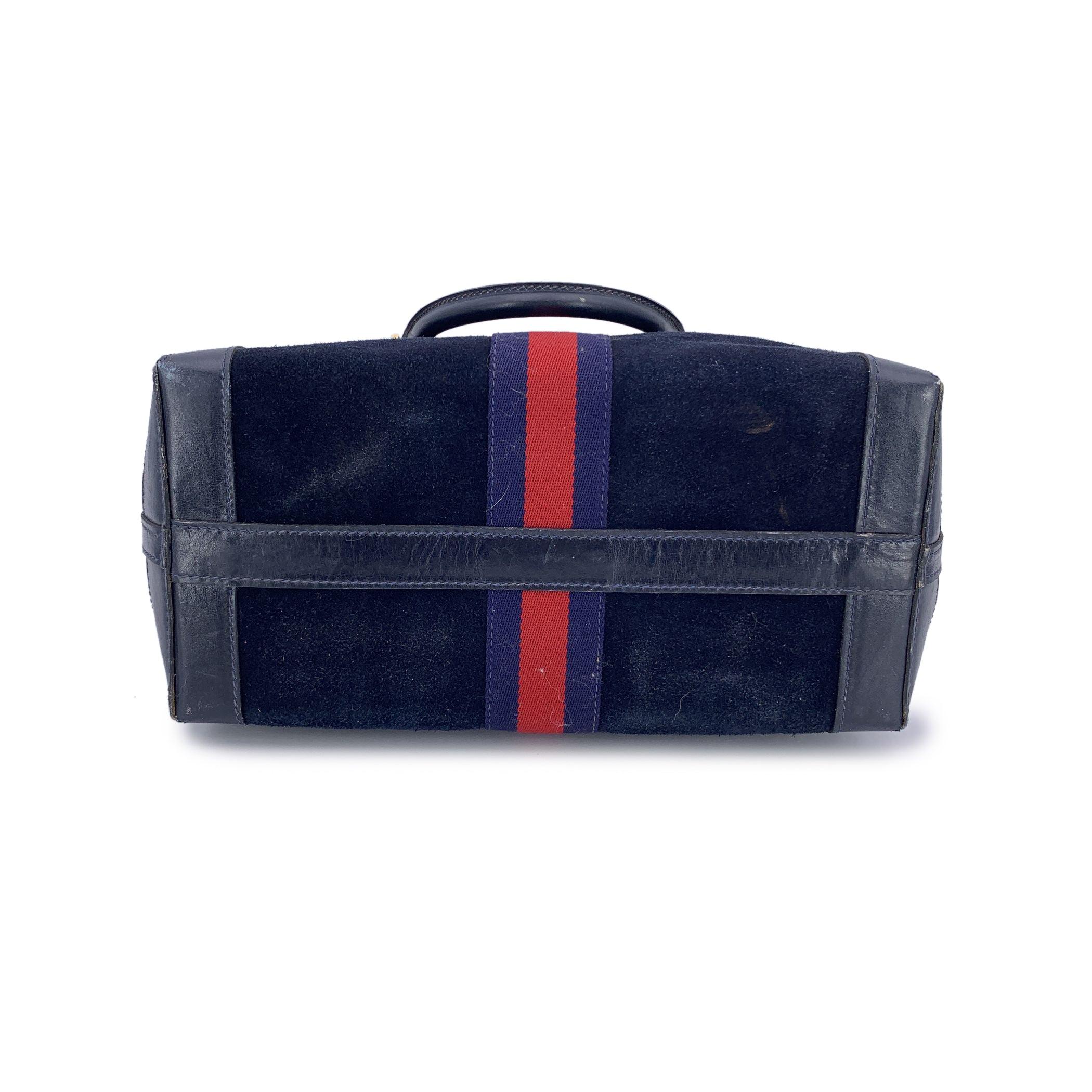 Gucci Vintage Blue Suede Web Stripes Boston Bag Handbag For Sale 3