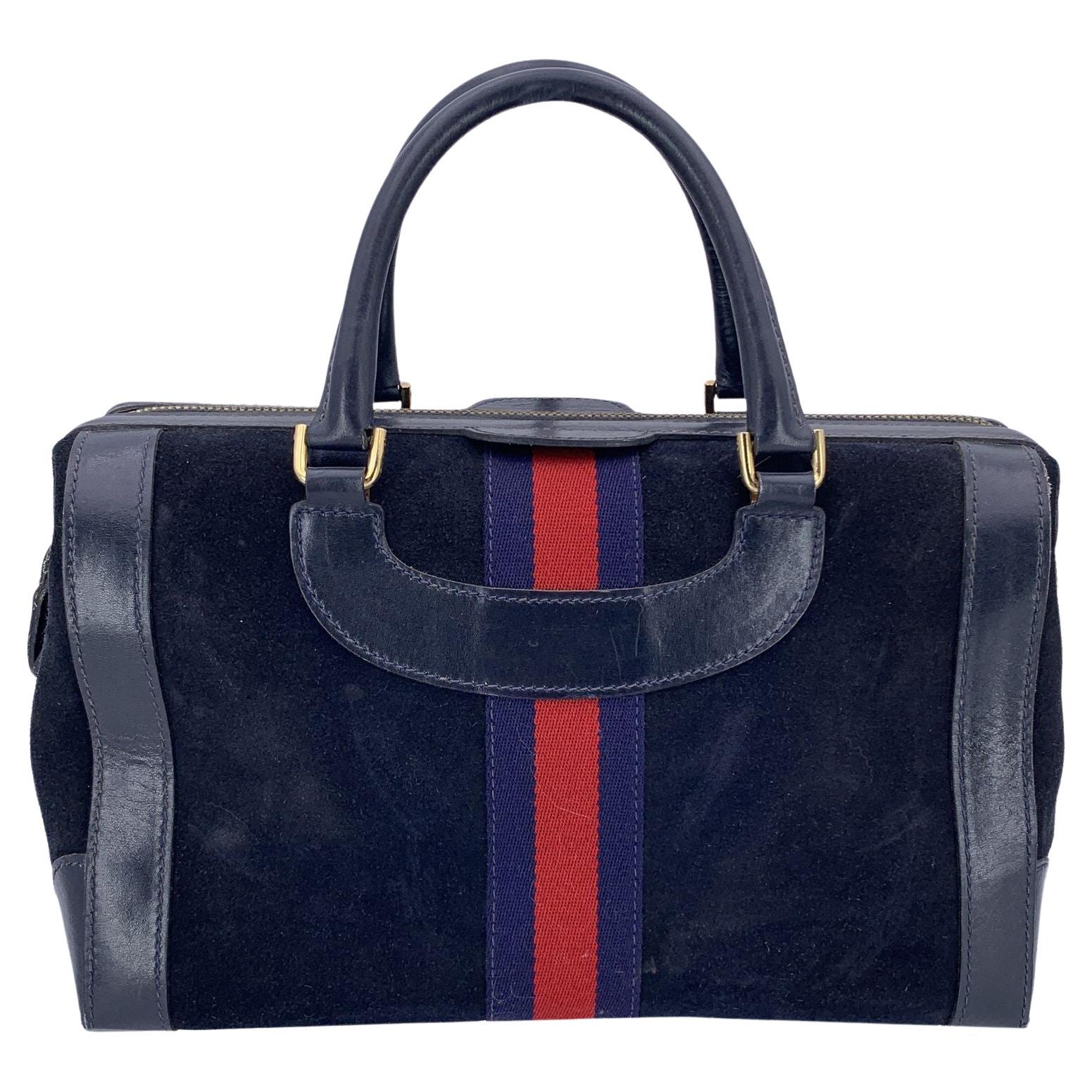 Gucci Vintage Blue Suede Web Stripes Boston Bag Handbag For Sale