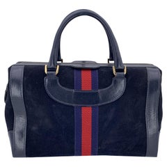 Gucci Vintage Blue Suede Web Stripes Boston Bag Handbag