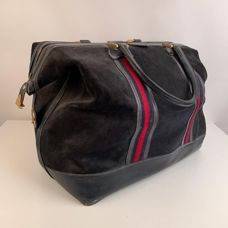 Gucci Vintage Blue Suede Web Travel Weekender Travel Boston Bag For