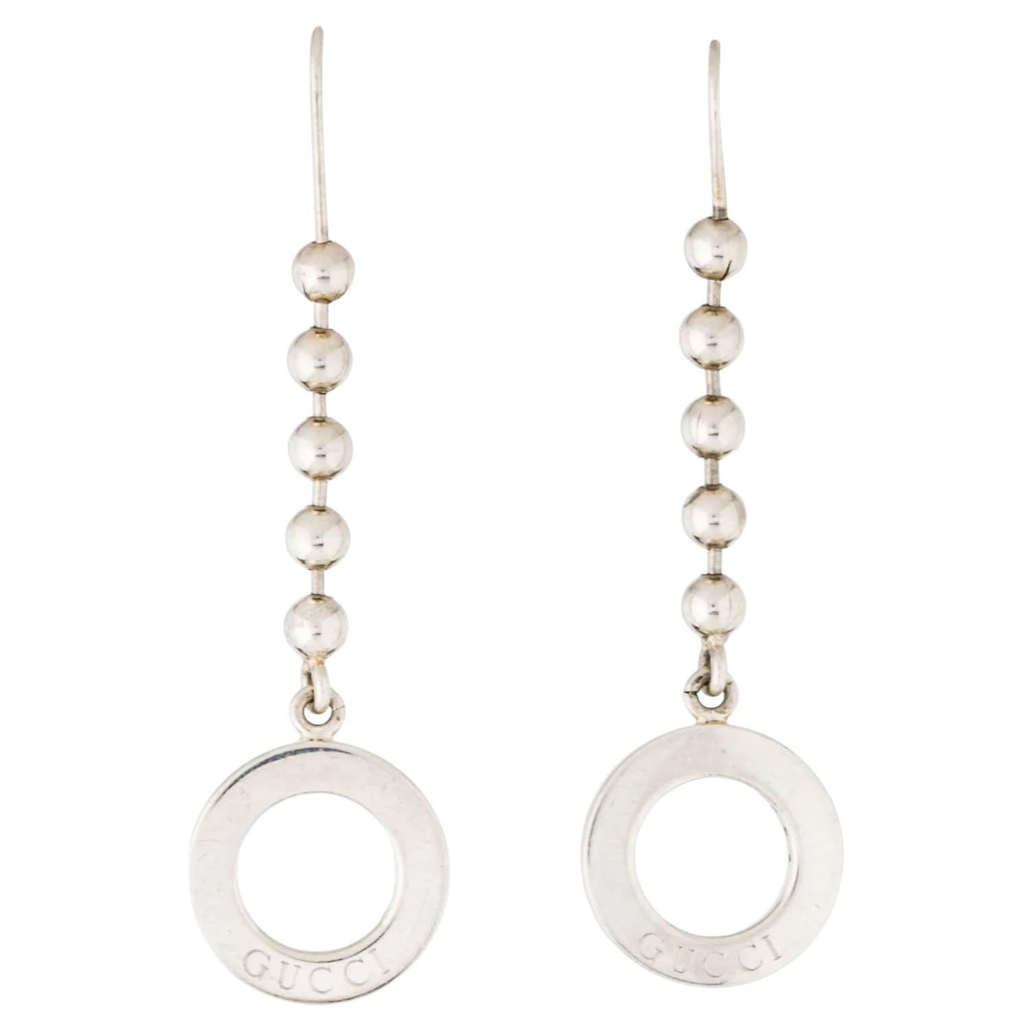 Gucci Vintage Boule Dot Logo Circle Round Hoop Chain Drop Hook Pierced Earrings