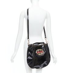 GUCCI Vintage Britt negro charol oro GG logo webbing satchel tote bag