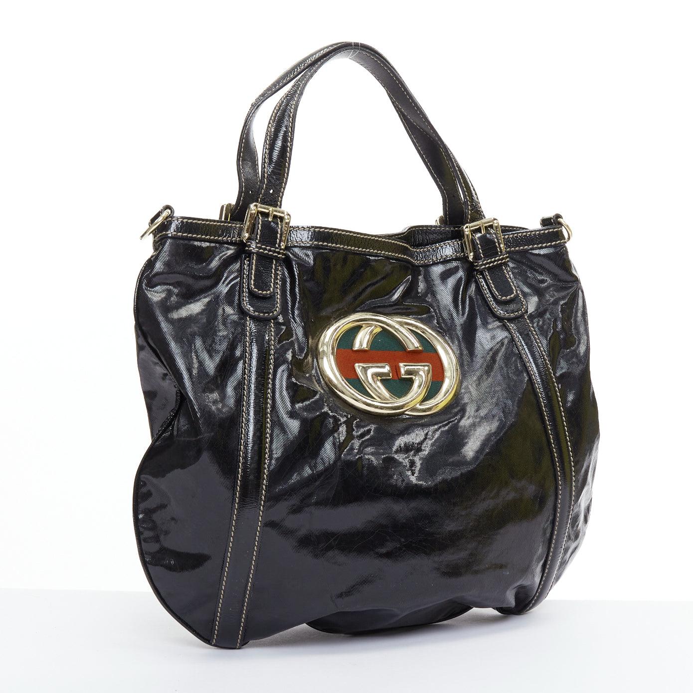 Black GUCCI Vintage Britt black patent gold GG logo webbing satchel tote bag