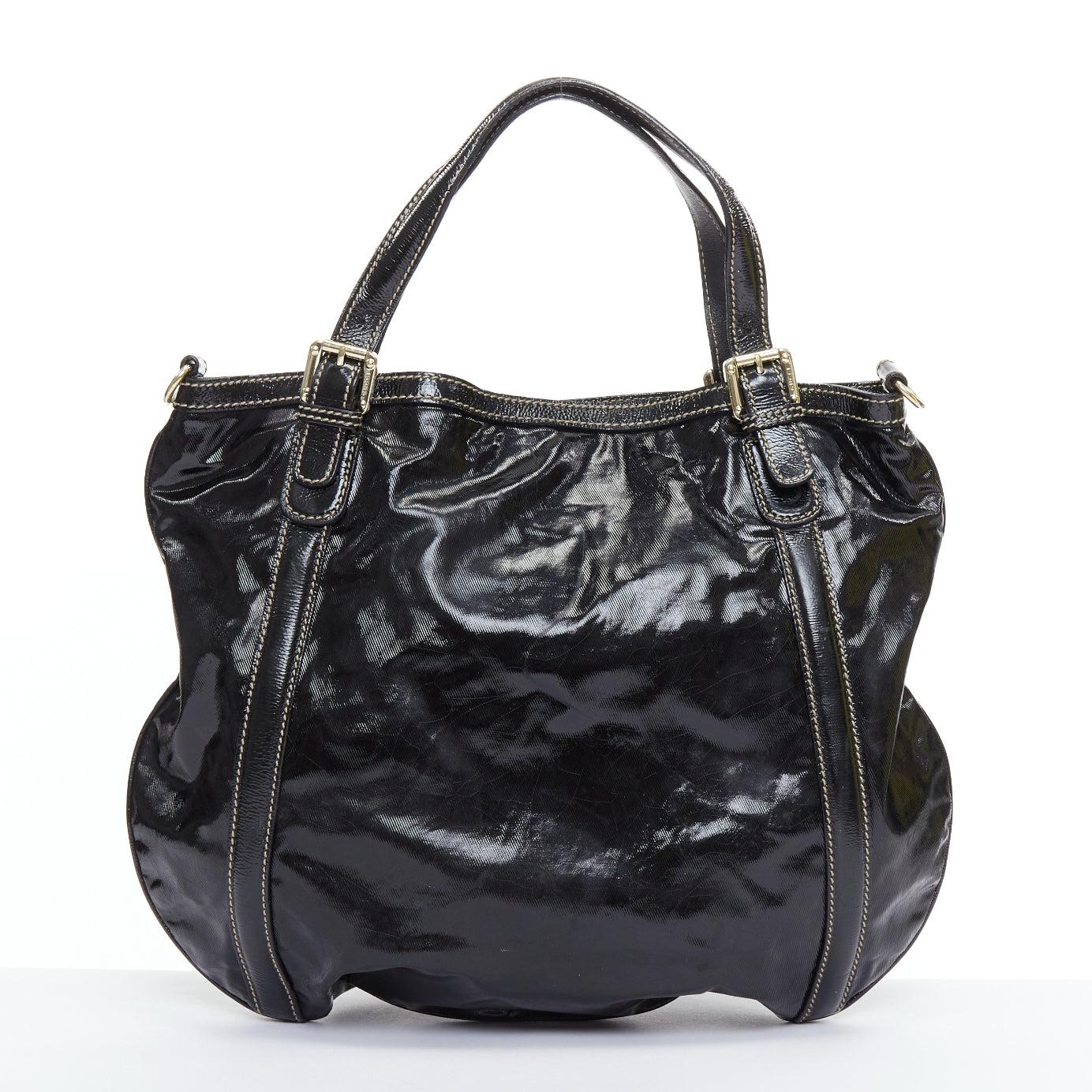 Women's GUCCI Vintage Britt black patent gold GG logo webbing satchel tote bag