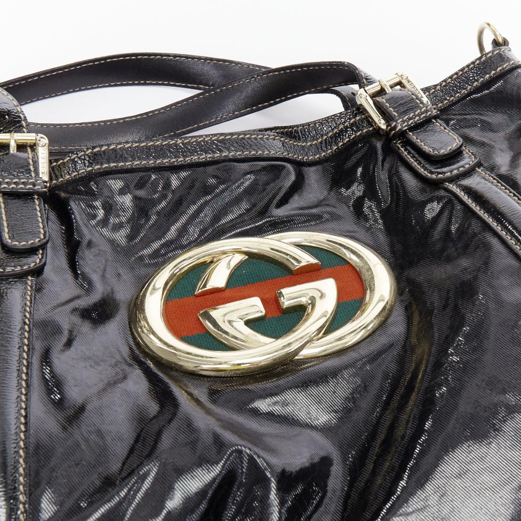 GUCCI Vintage Britt black patent gold GG logo webbing satchel tote bag 2