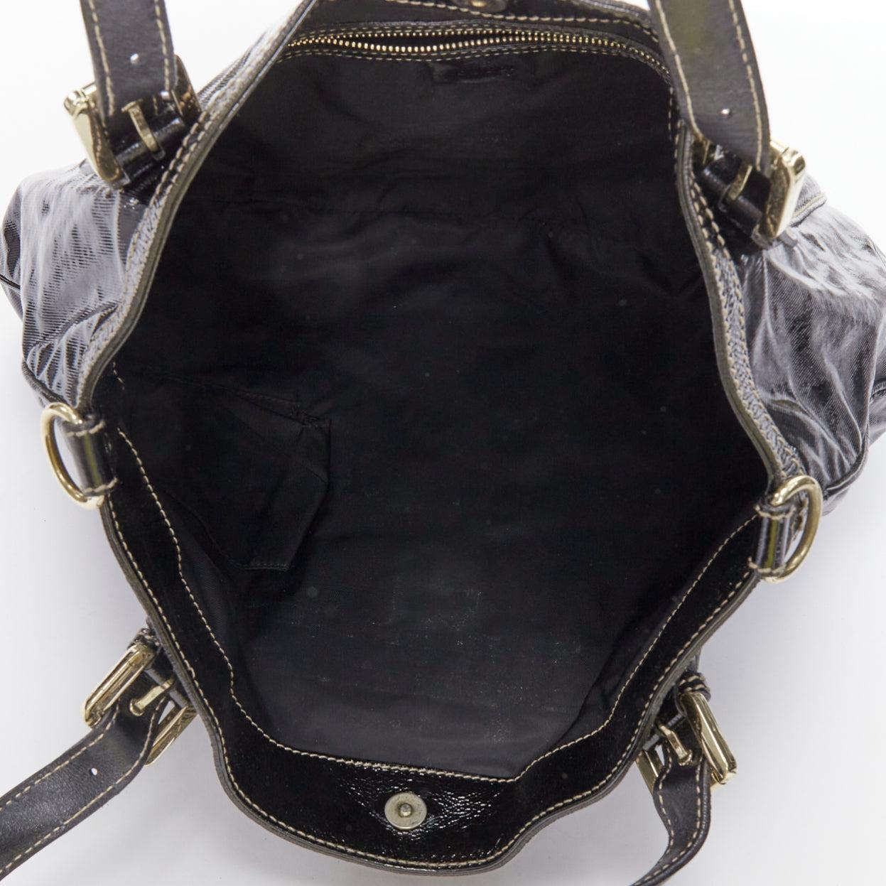 GUCCI Vintage Britt black patent gold GG logo webbing satchel tote bag 4