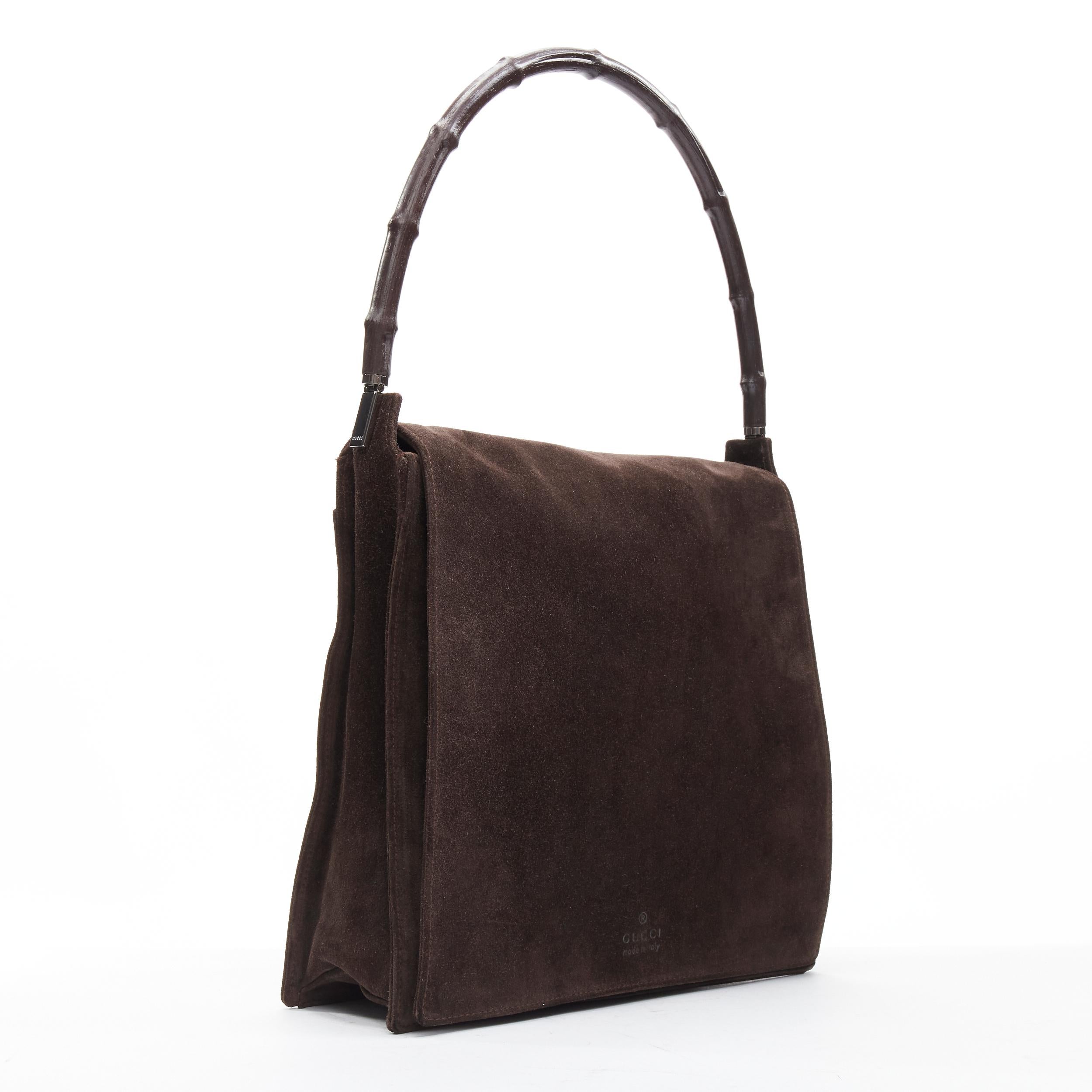 Black GUCCI Vintage brown bamboo handle suede leather flap shoulder bag For Sale