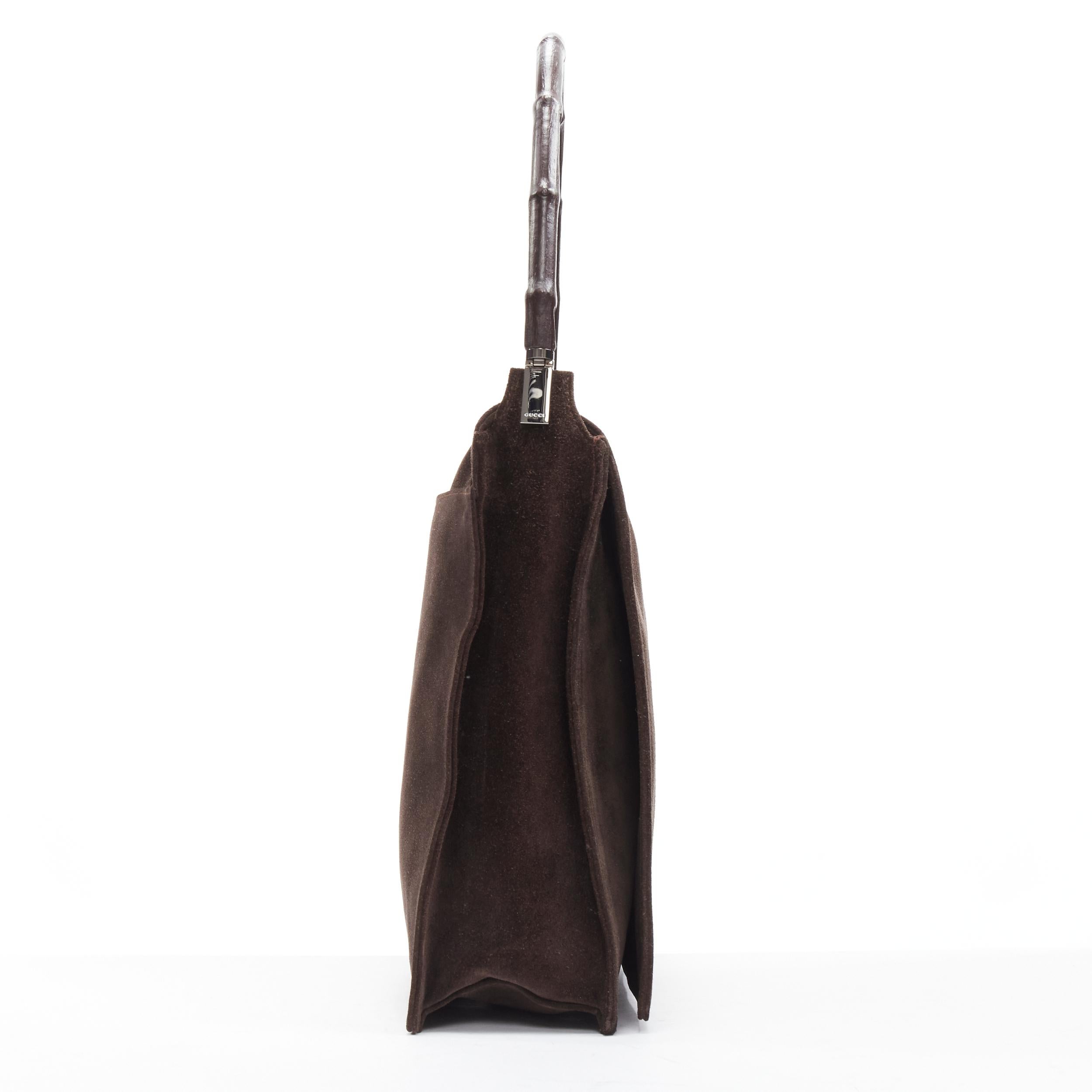 GUCCI Vintage Brown bamboo handle flap leather suede shoulder bag Pour femmes en vente