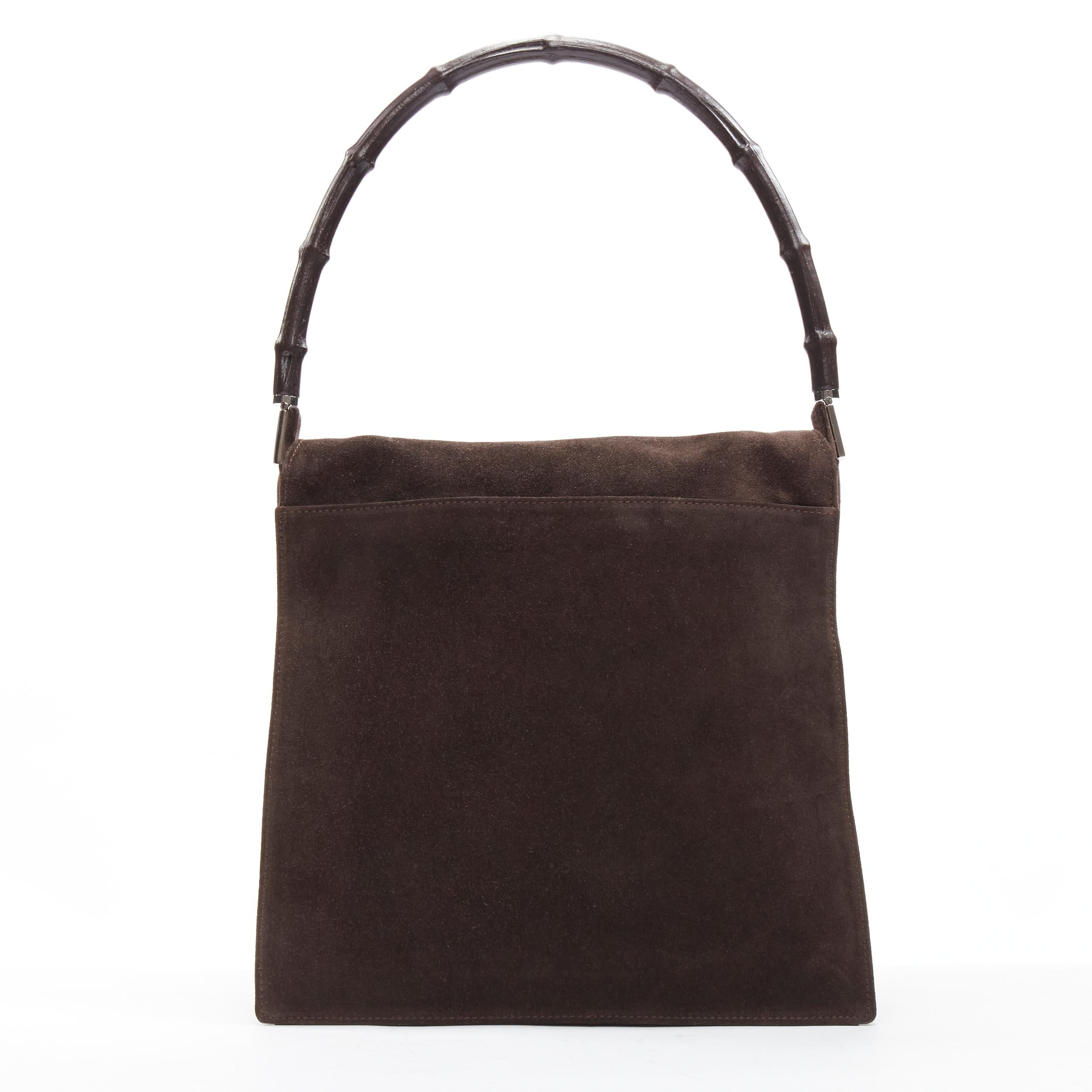 GUCCI Vintage Brown bamboo handle flap leather suede shoulder bag en vente 1