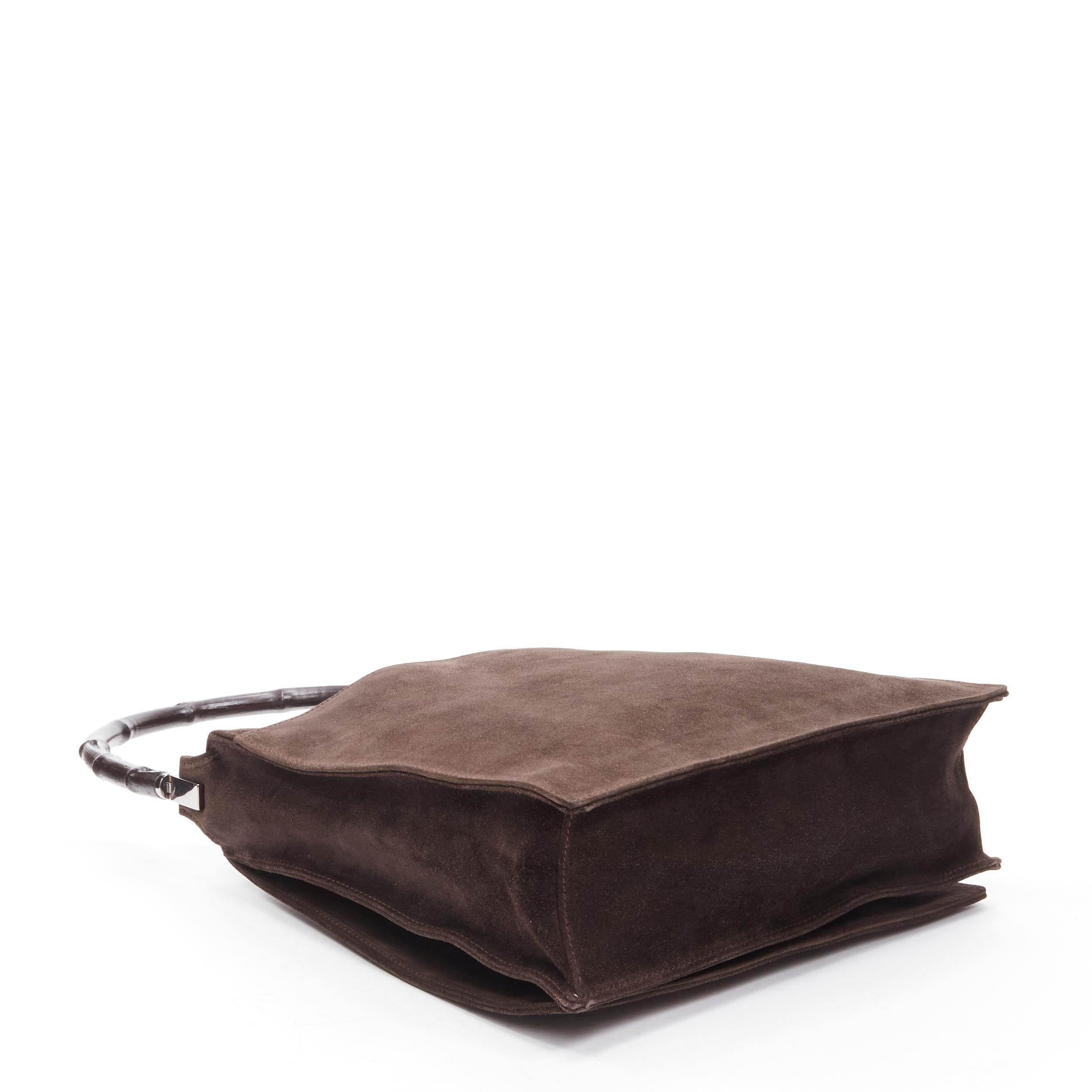 GUCCI Vintage brown bamboo handle suede leather flap shoulder bag For Sale 2