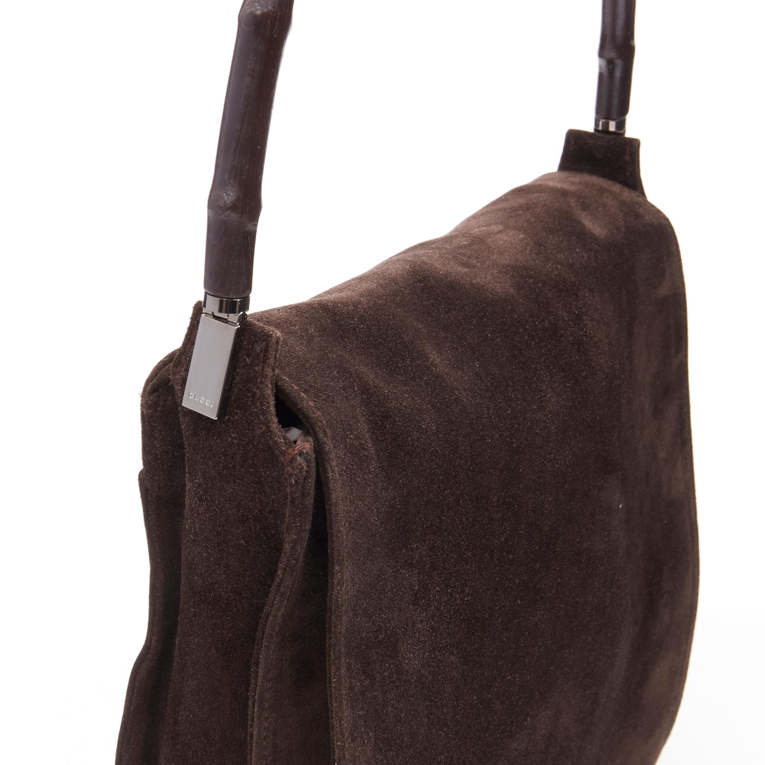GUCCI Vintage Brown bamboo handle flap leather suede shoulder bag en vente 4