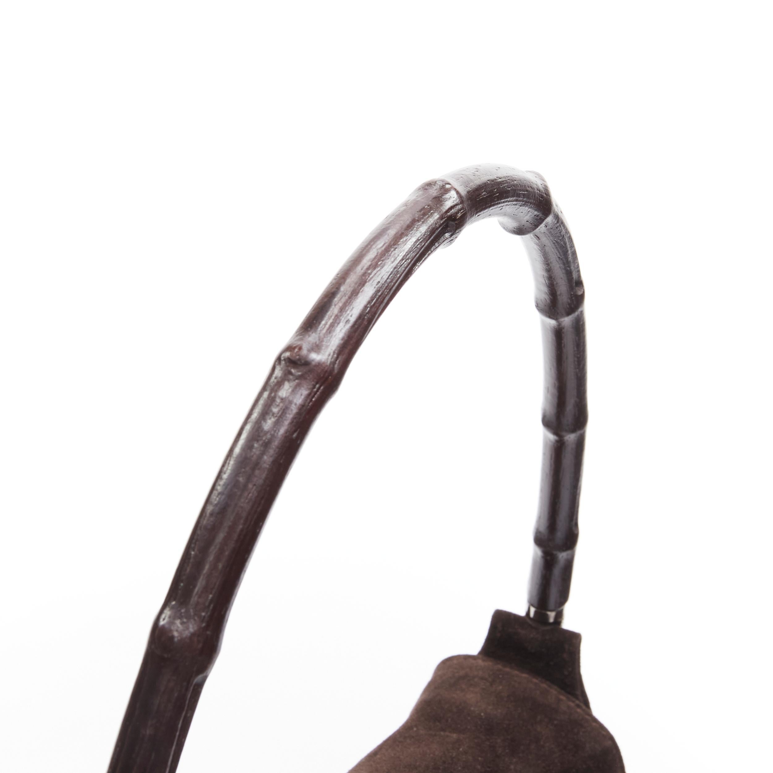 GUCCI Vintage brown bamboo handle suede leather flap shoulder bag For Sale 5