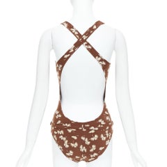 GUCCI Vintage brown cream floral print belted one piece swimsuit