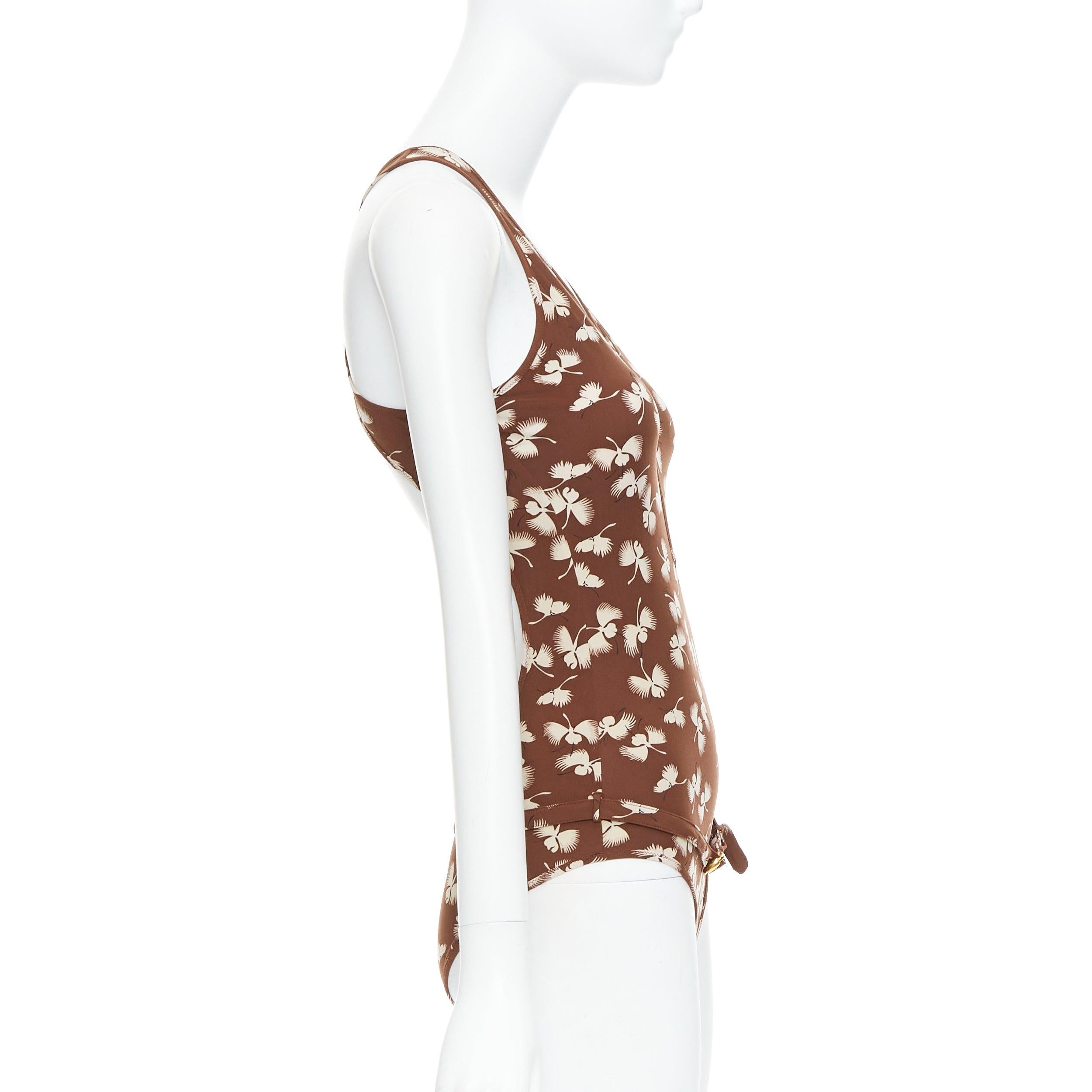 Brown GUCCI Vintage brown cream floral print belted one piece swimsuit For Sale