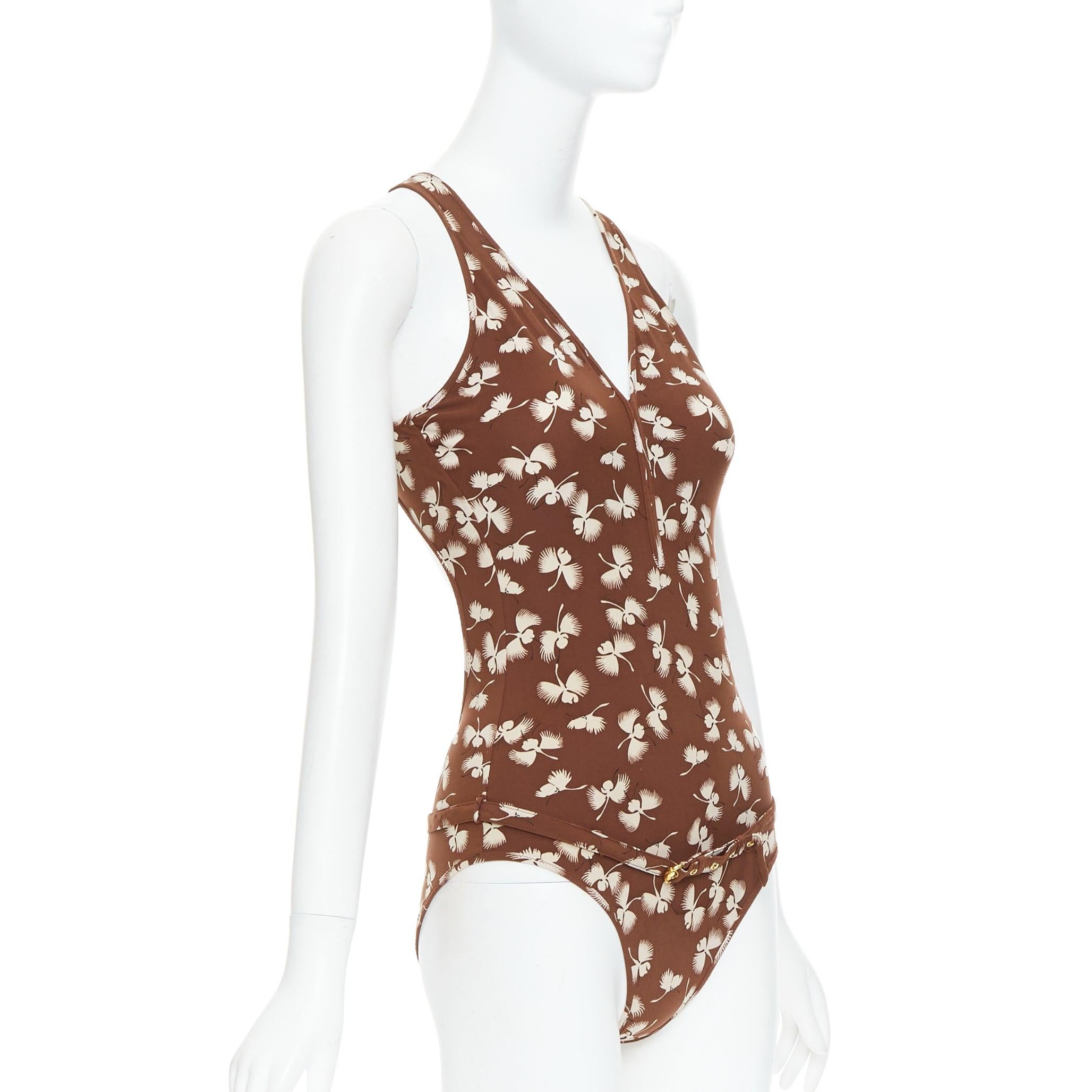 GUCCI Vintage brown cream floral print belted one piece swimsuit In Good Condition For Sale In Hong Kong, NT