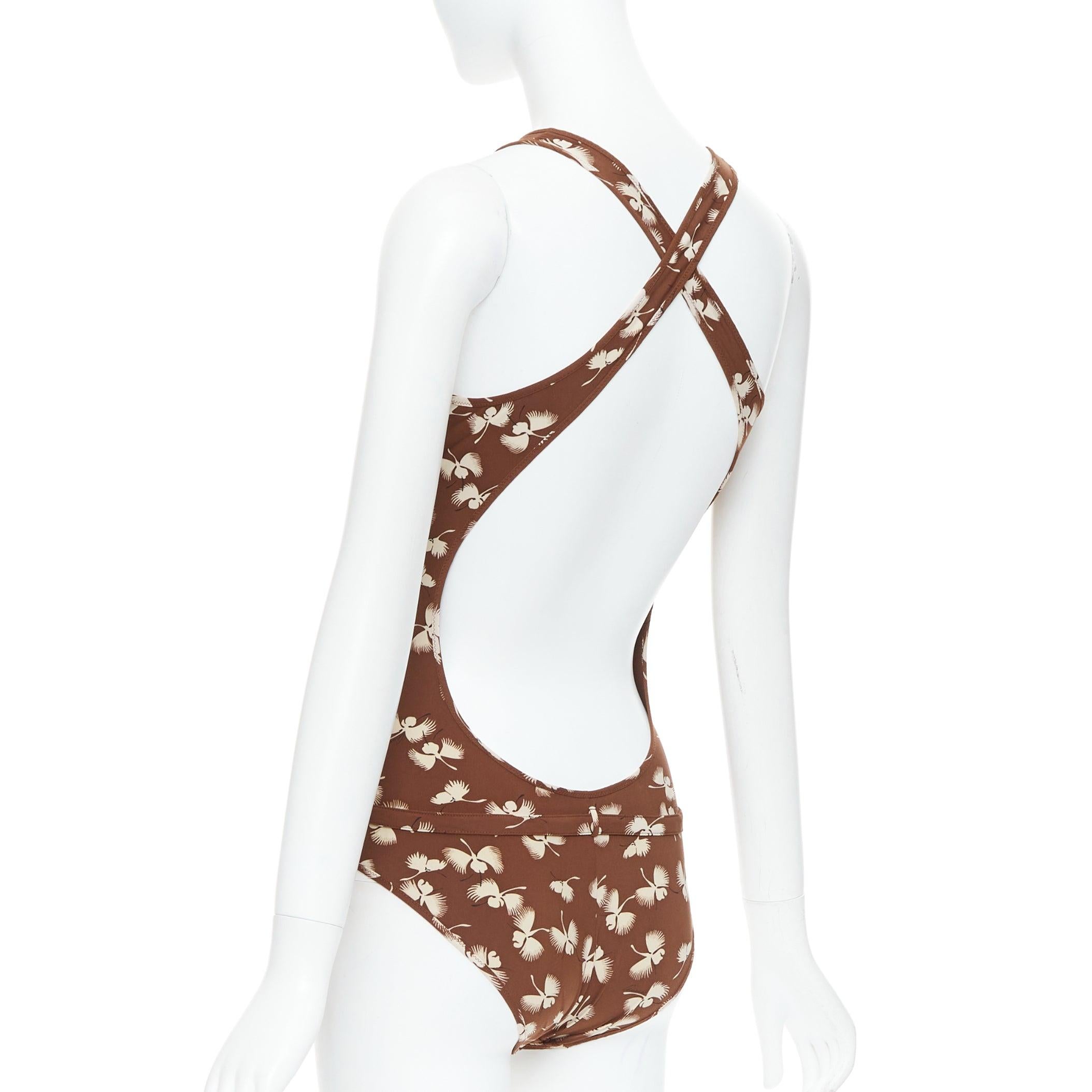 Women's GUCCI Vintage brown cream floral print belted one piece swimsuit For Sale