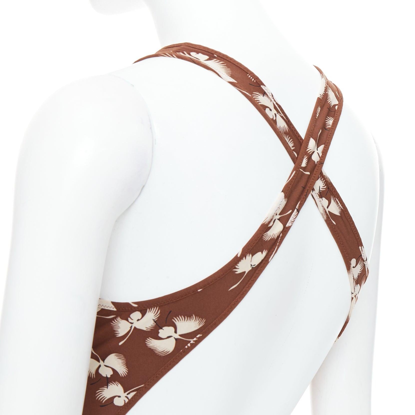 GUCCI Vintage brown cream floral print belted one piece swimsuit For Sale 1