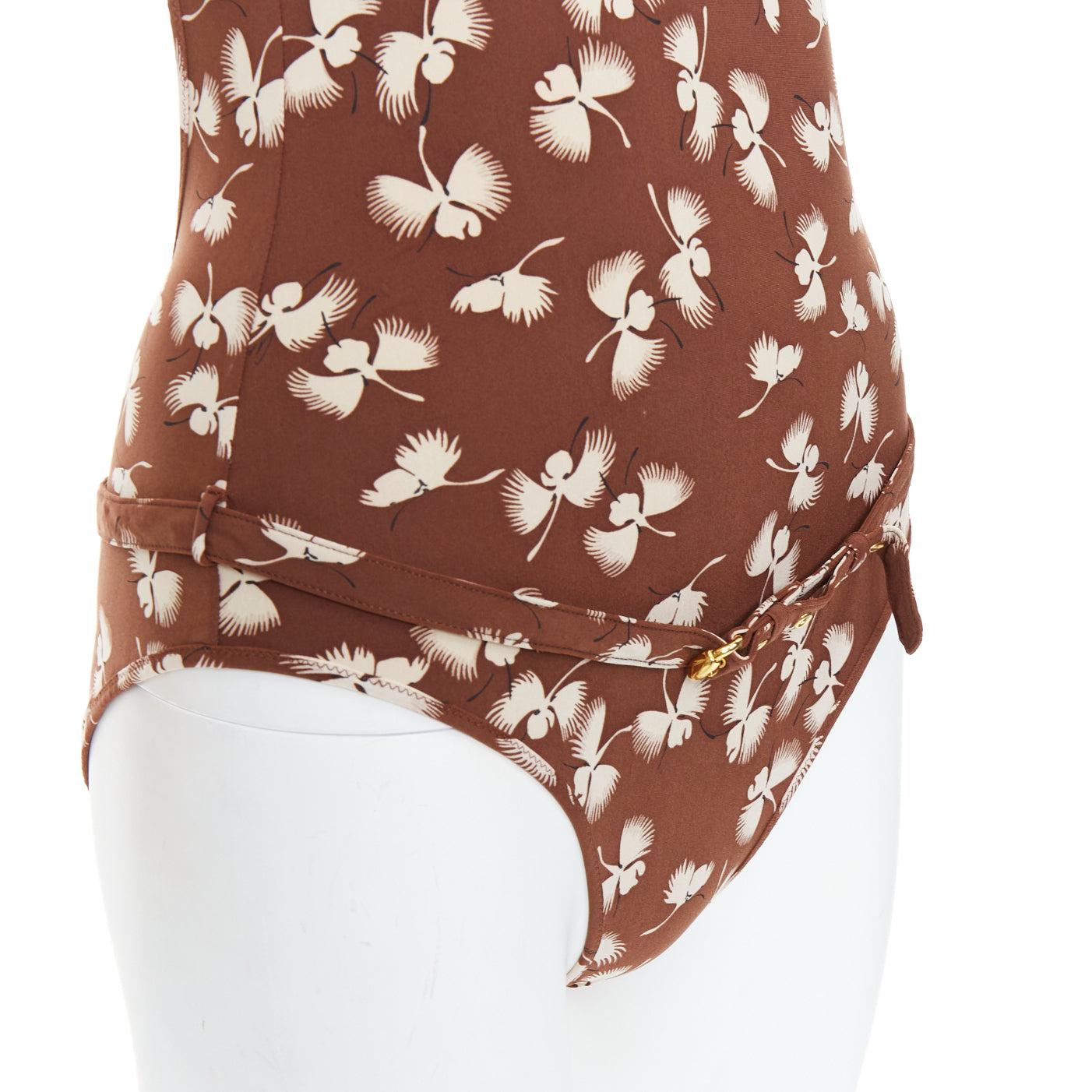 GUCCI Vintage brown cream floral print belted one piece swimsuit For Sale 2