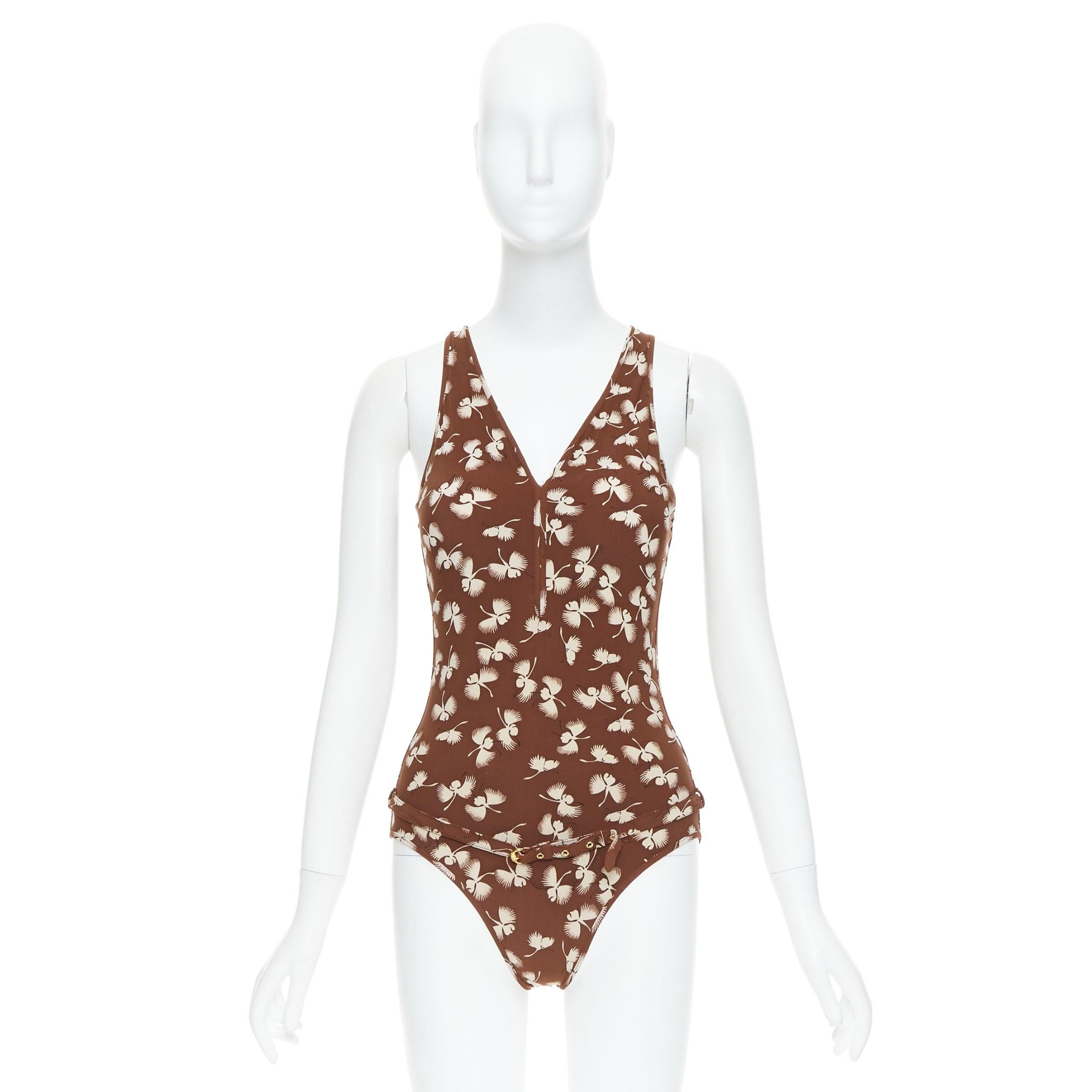 GUCCI Vintage brown cream floral print belted one piece swimsuit For Sale 3