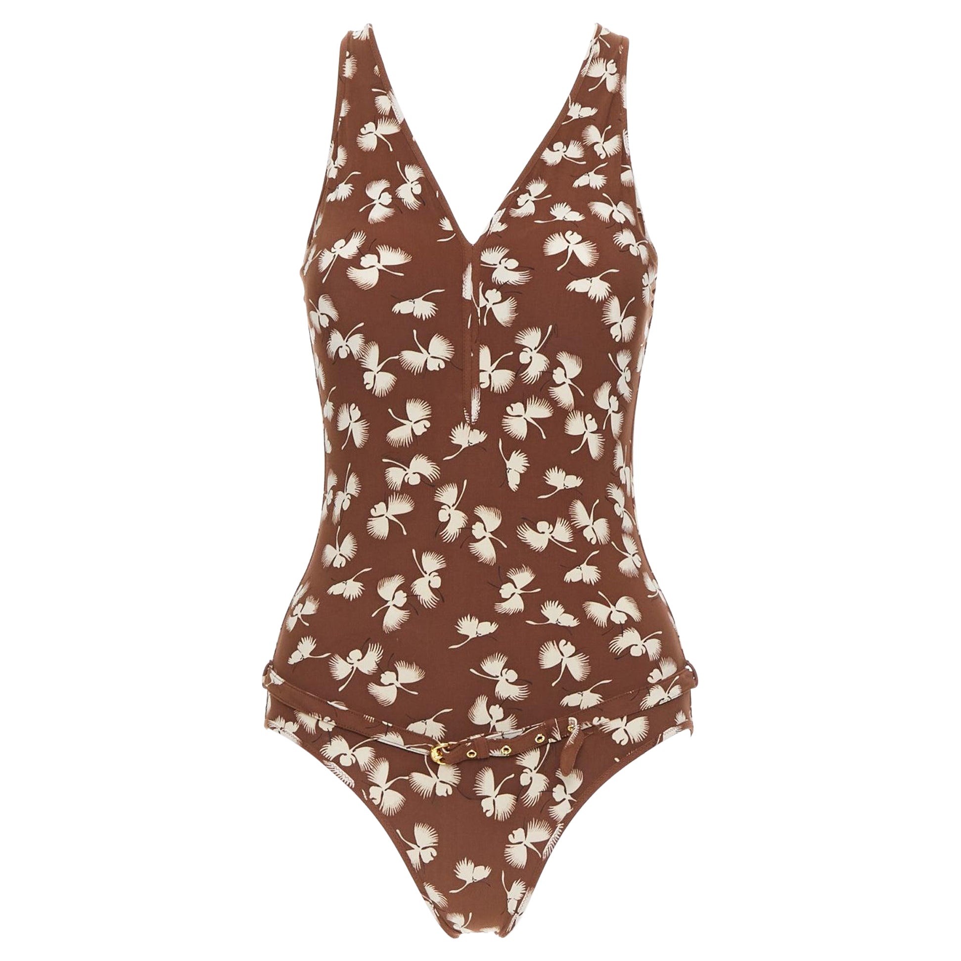 Traje de baño de una pieza con cinturón GUCCI Vintage marrón crema estampado floral