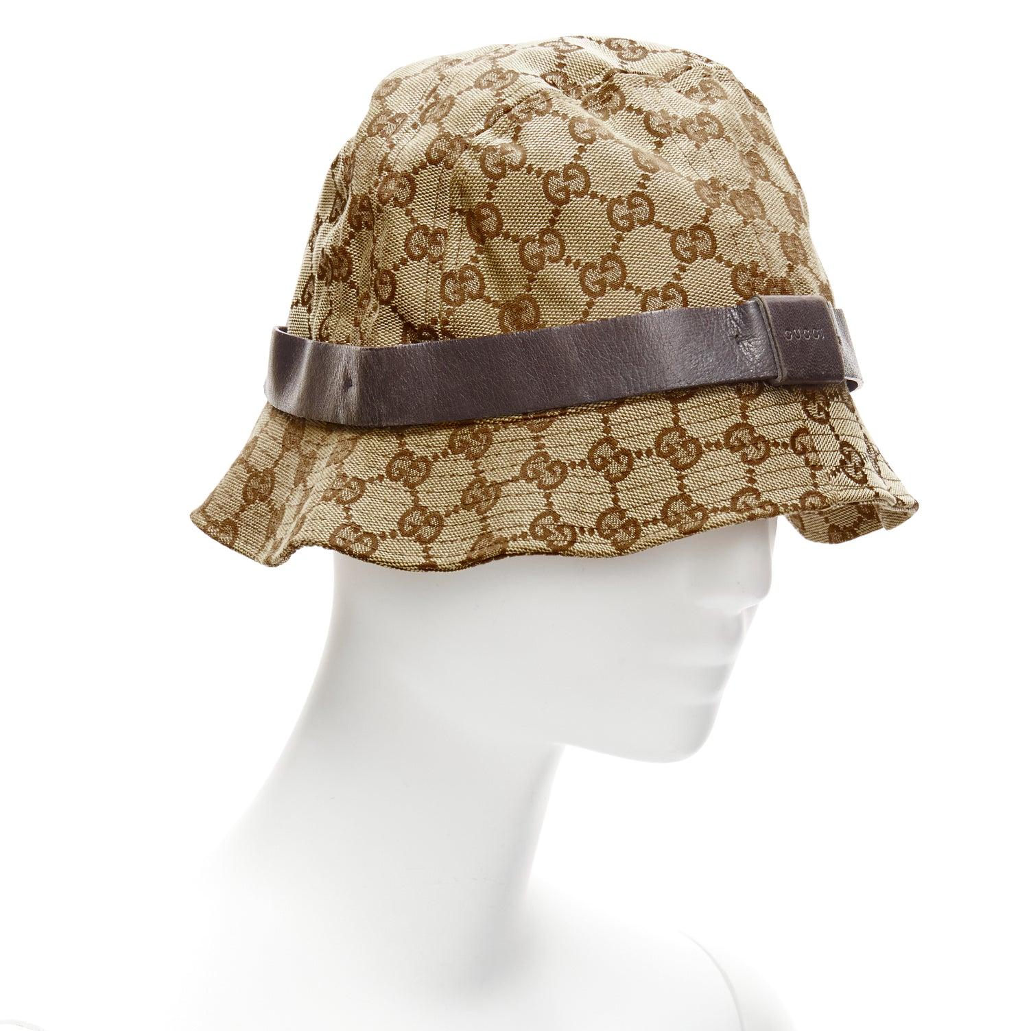 Beige GUCCI Vintage brown GG monogram leather trim bucket hat L For Sale