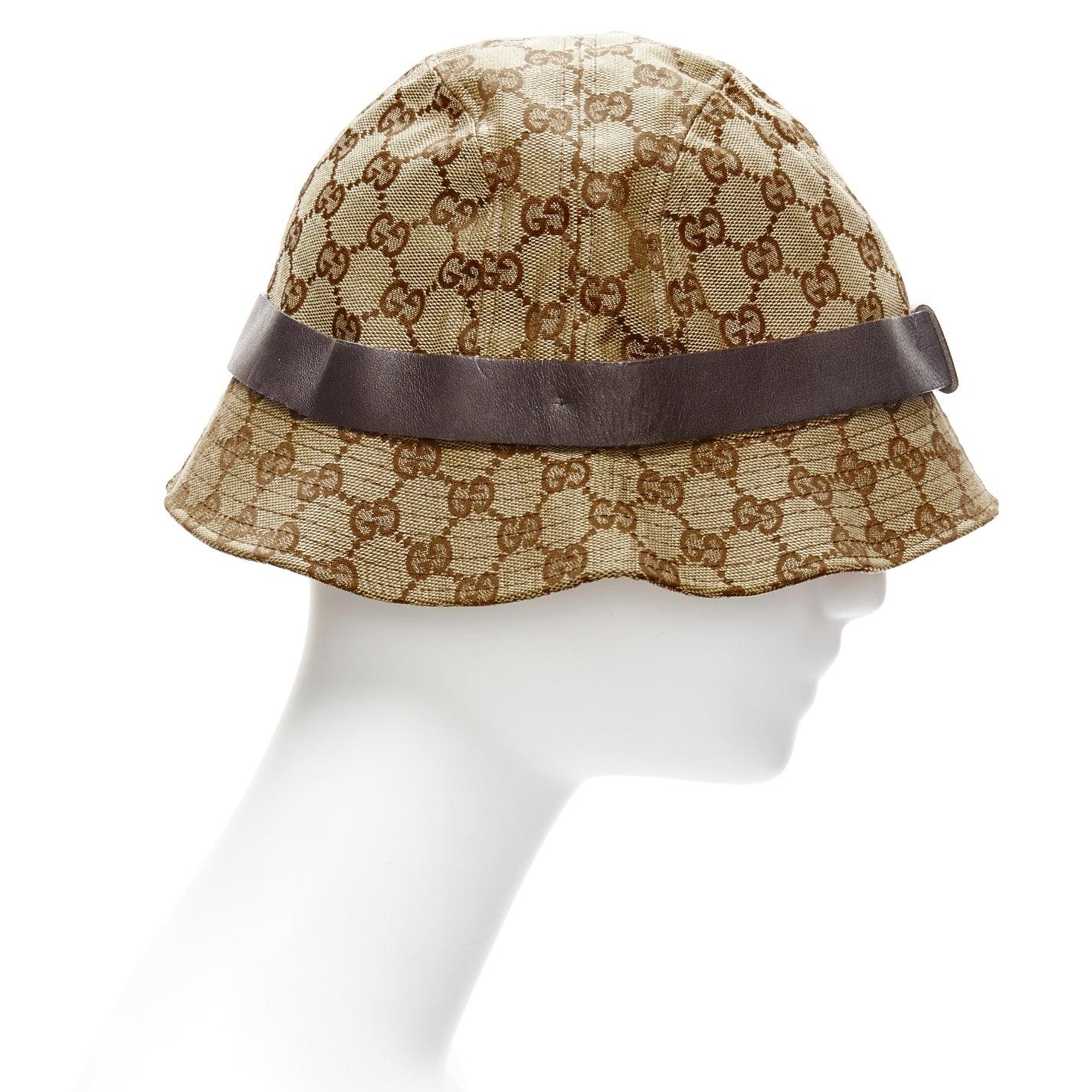 GUCCI Vintage brown GG monogram leather trim bucket hat L In Good Condition For Sale In Hong Kong, NT