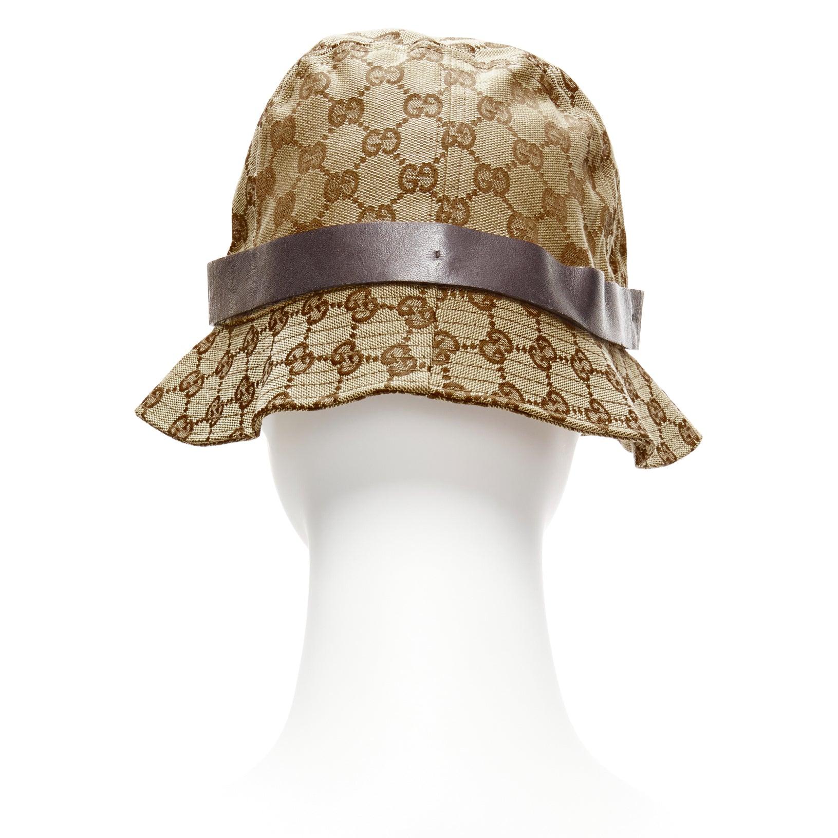 Women's GUCCI Vintage brown GG monogram leather trim bucket hat L For Sale